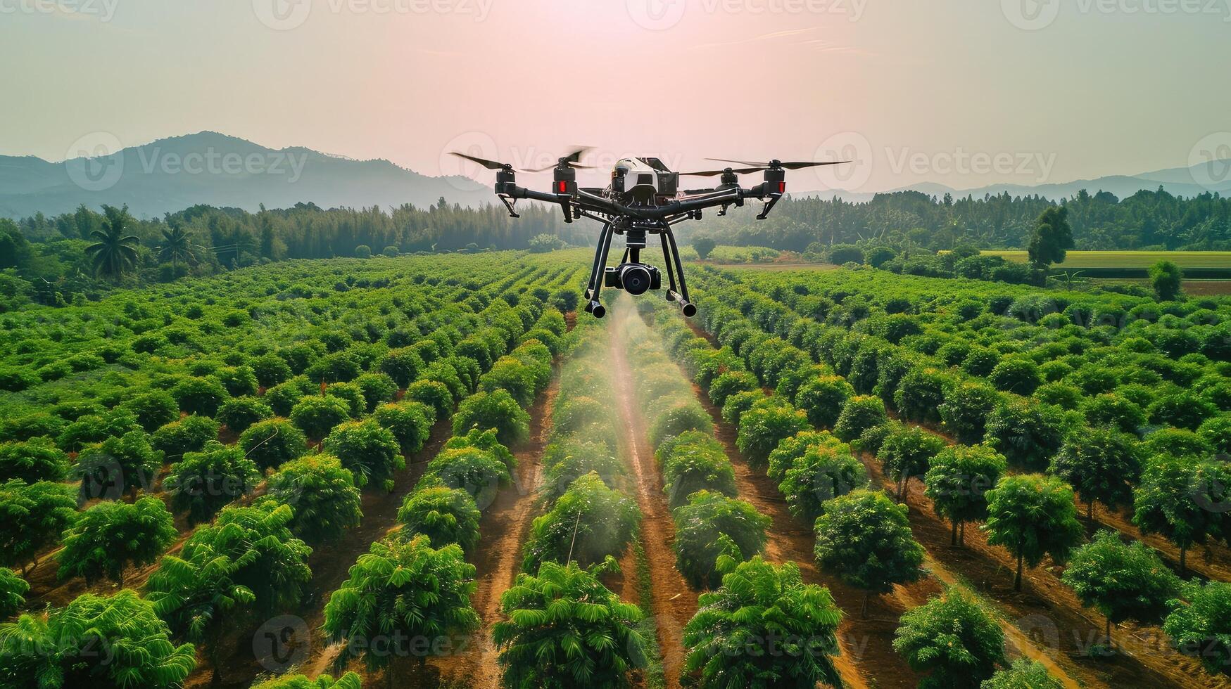 AI generated Agriculture drone fly to sprayed fertilizer on row of cassava tree. smart farmer use drone for various fields like research analysis photo