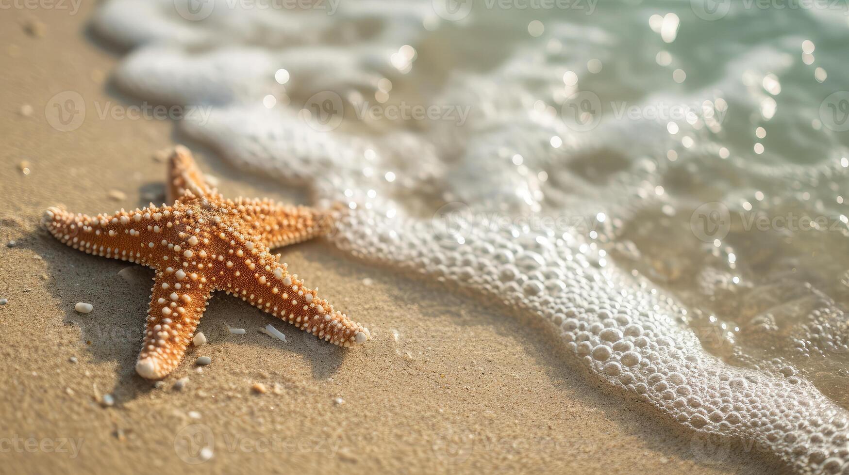 AI generated Starfish on the sand beach in clear sea water. Summer background. Summer time .Copy space. Relaxing on the beach. photo