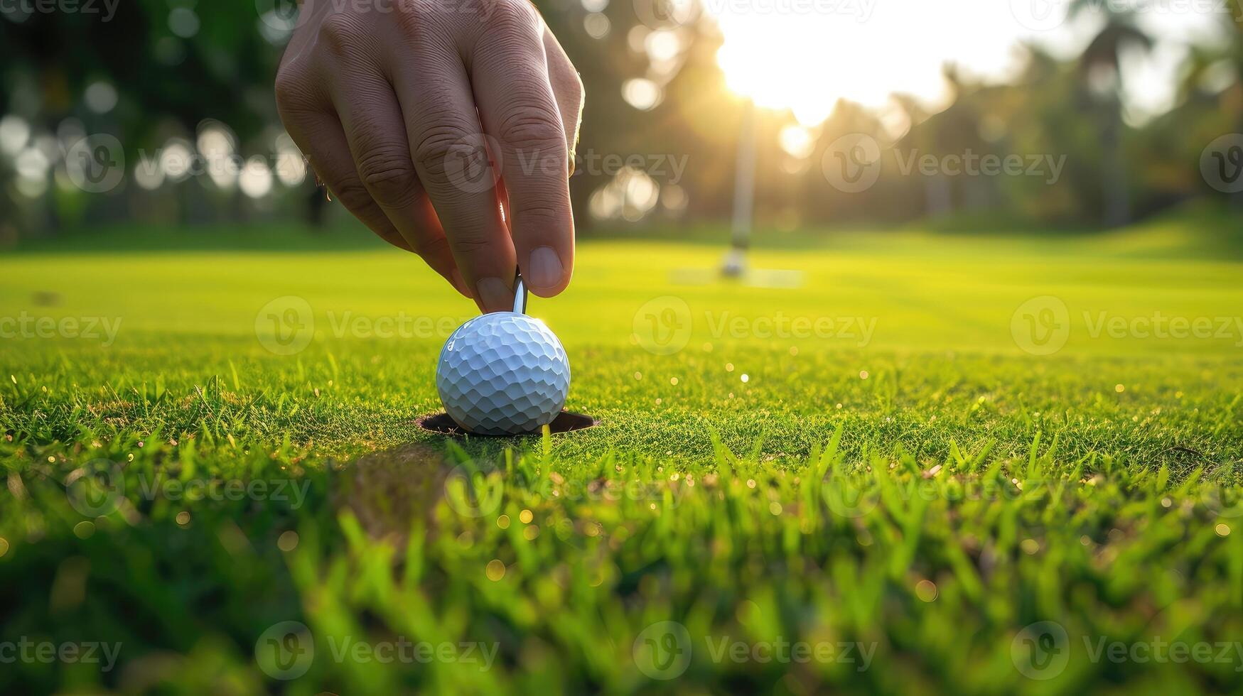 AI generated Hand putting golf ball on tee in golf course photo