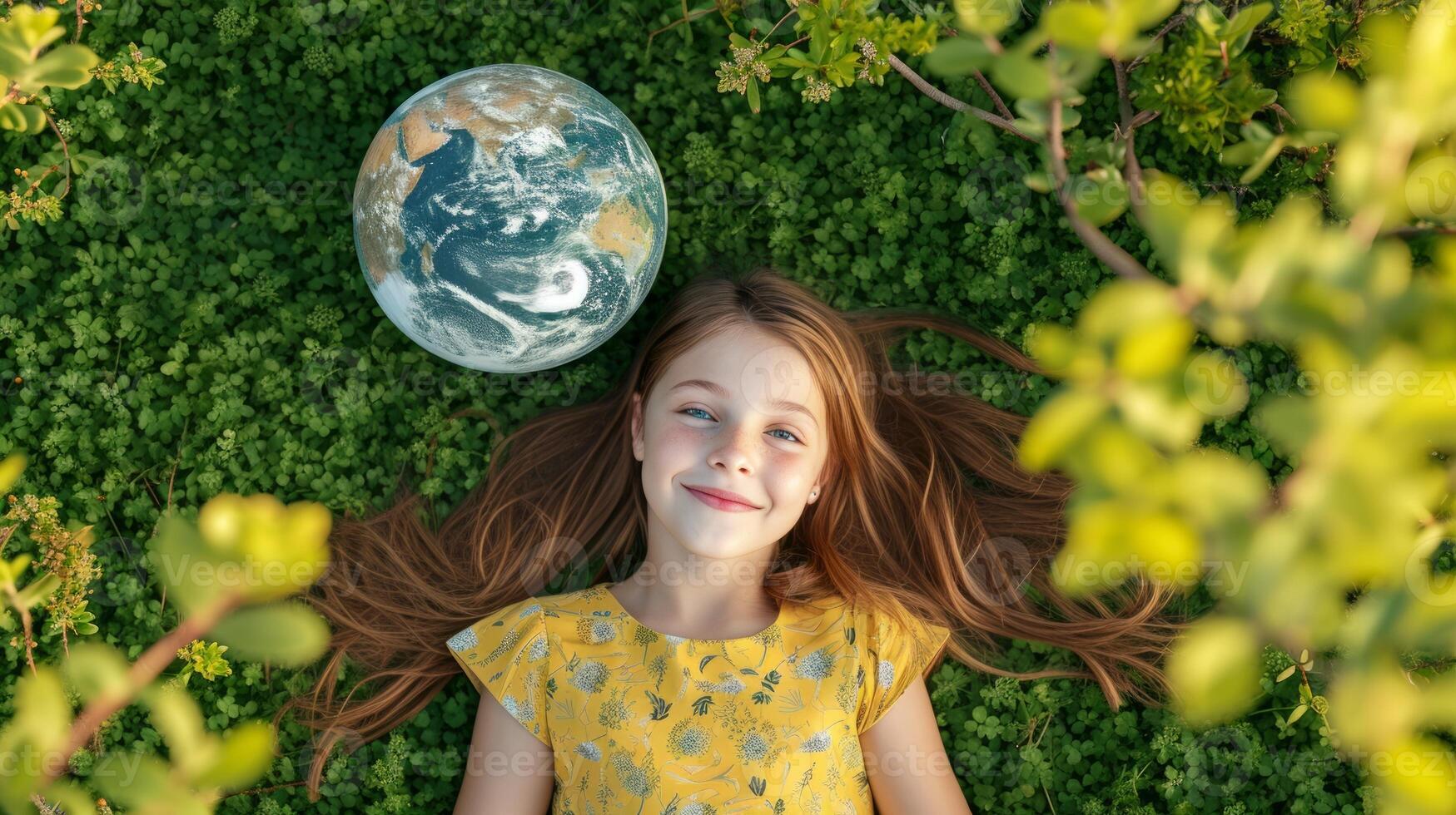 AI generated Relaxed girl laying down with earth on green background. Earth day, Enviroment Day, Save the planet, Environmental conservation photo