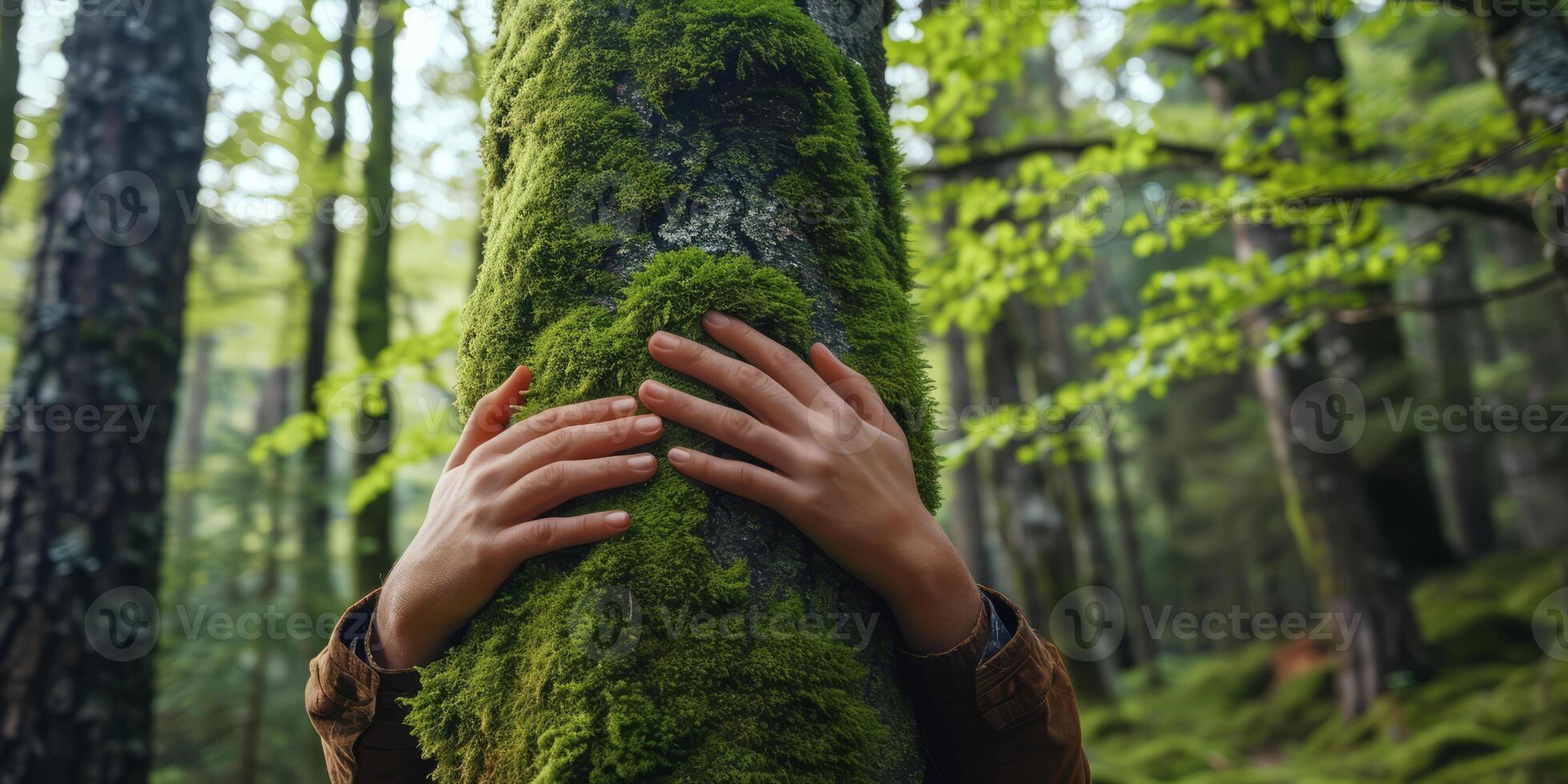 AI generated Hands hugginf big tree with green moss in forest. People protect pollution and climate change, Nature protection, Environmental conservation photo
