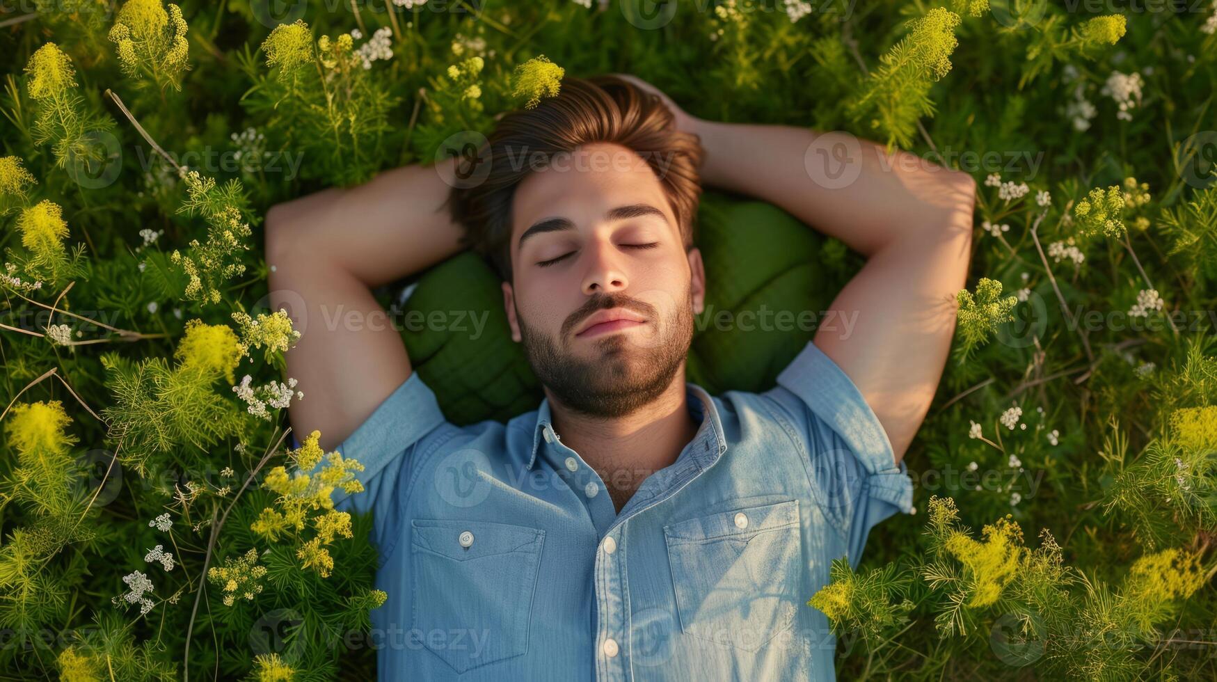 AI generated Relaxed man laying down on green background. Top view portrait of young man enjoy his freedom with nature, Natural alternative therapy photo