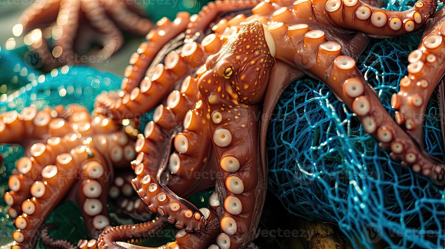 AI generated many brown octopus was brought to the sun on the blue net placed on bamboo photo