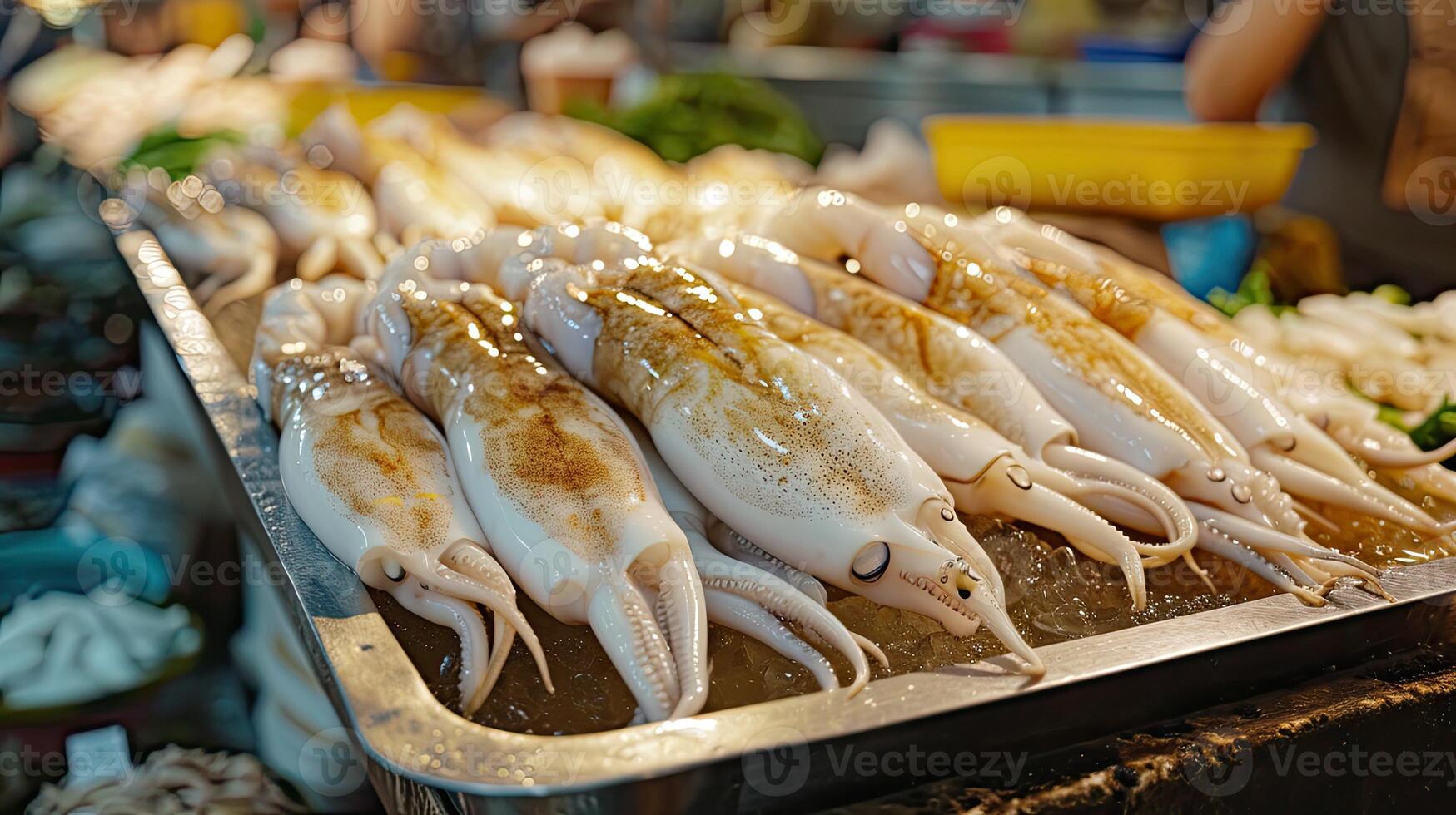 AI generated Fresh squid on a tray. Close-up squid or splendid squid photo