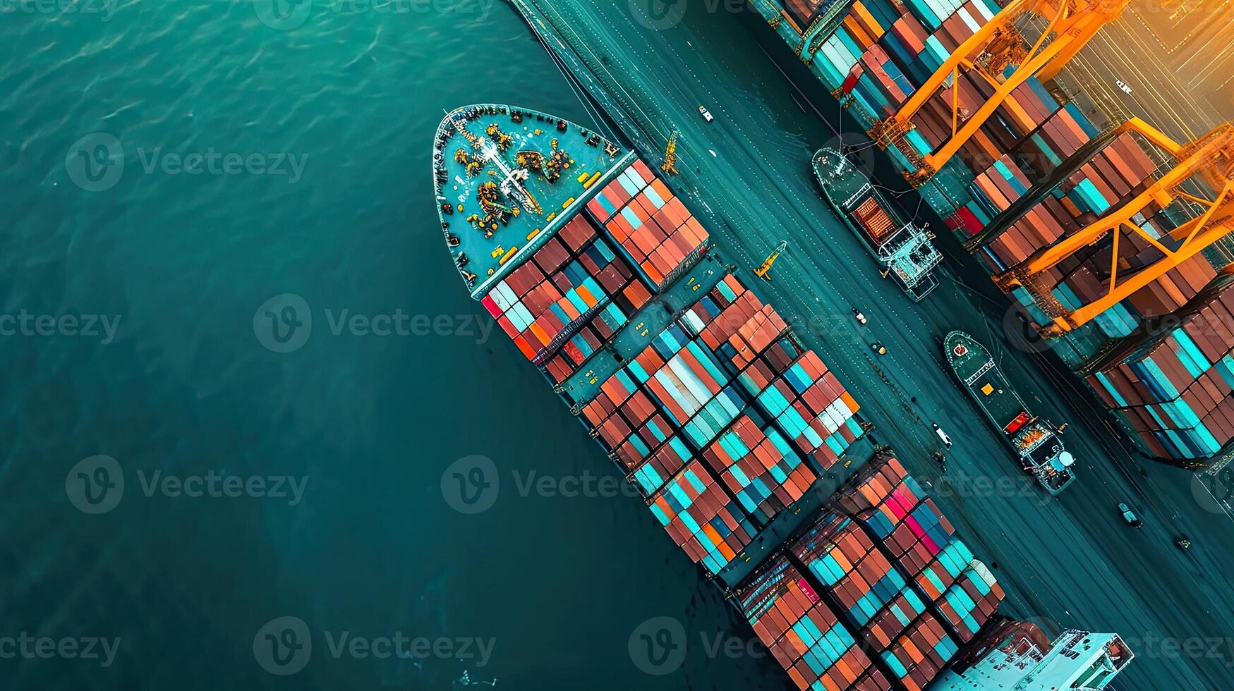AI generated Aerial top view container cargo ship in import export business commercial trade logistic and transportation of international by container cargo ship in the open sea photo