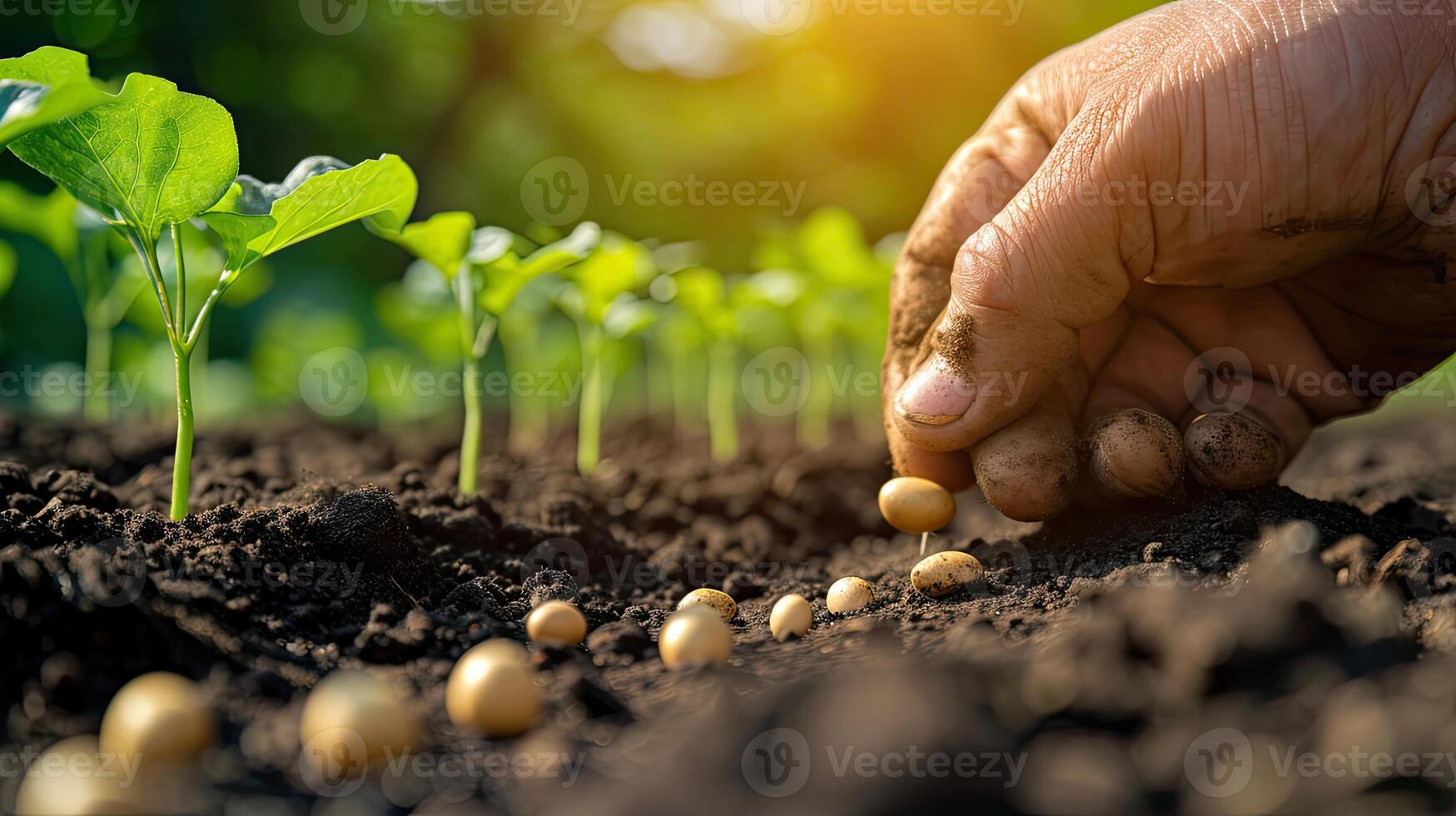 AI generated agriculture. farmer hands planting seeds. business plant agriculture concept. farmer hands is planting seeds in the suburbs beginning of the seasonal agricultural work. photo