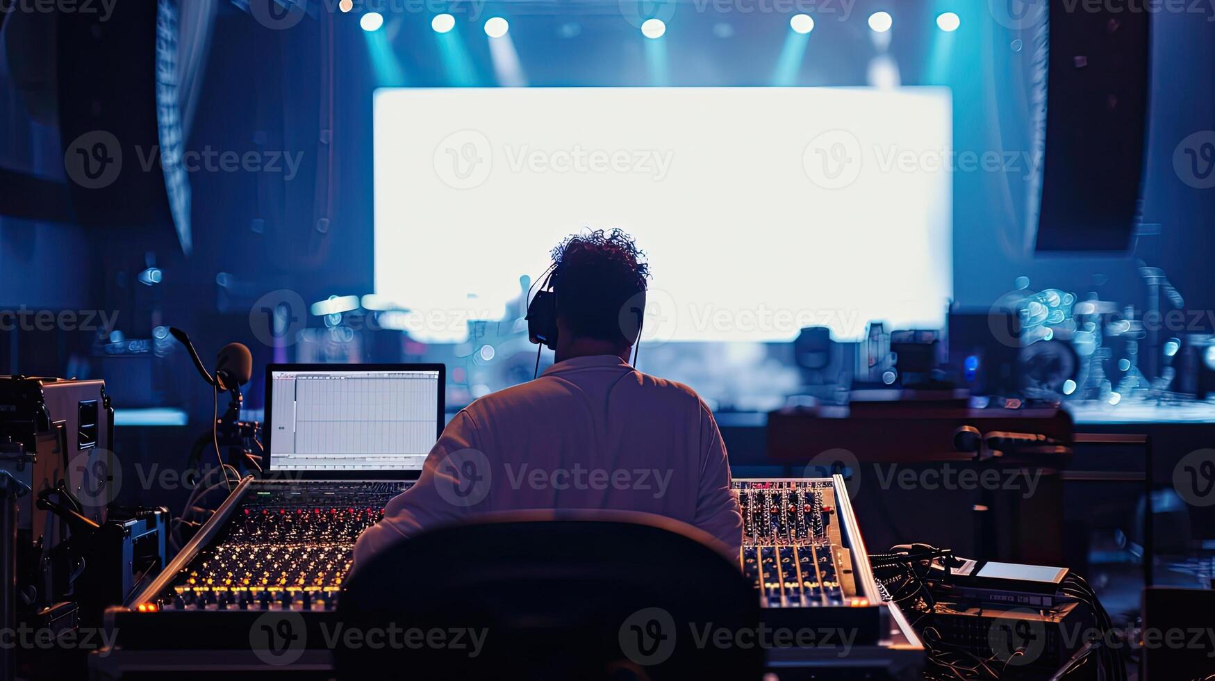 AI generated sound engineer backstage crew team working to setting and preparing production for show events or music concert stage photo