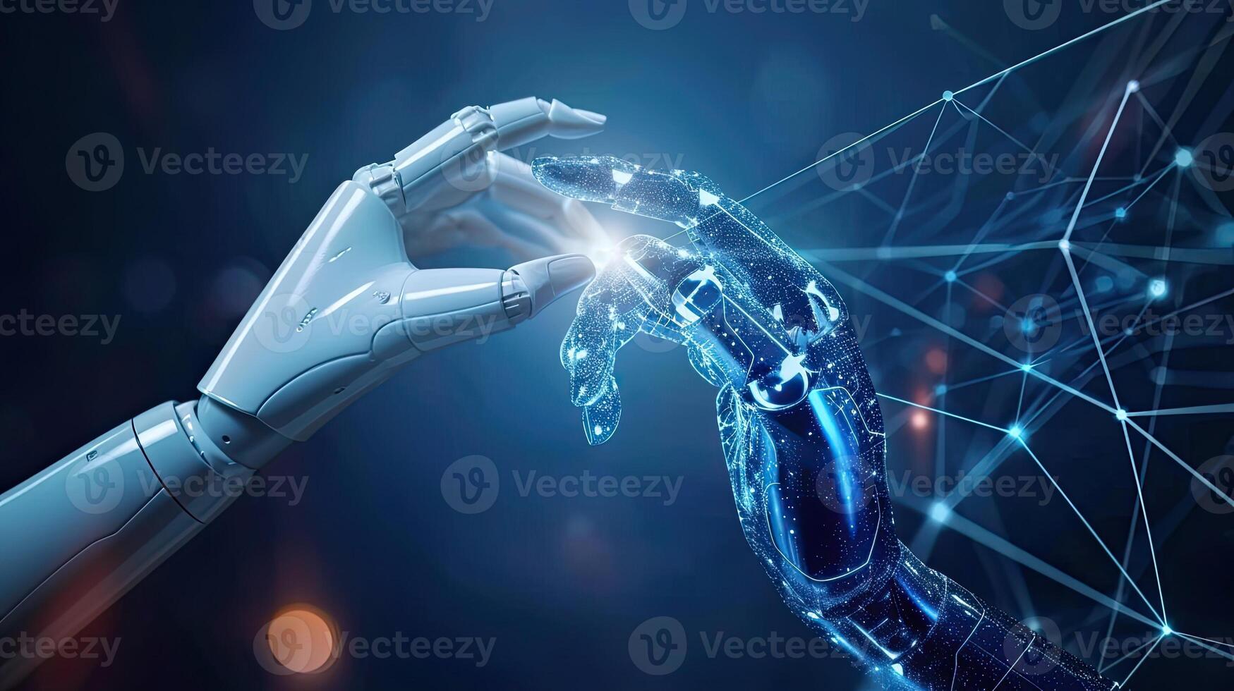 ai generado ai, máquina aprendiendo, manos de robot y humano conmovedor en grande datos red conexión, datos intercambio, profundo aprendiendo, Ciencias y artificial inteligencia tecnología, foto