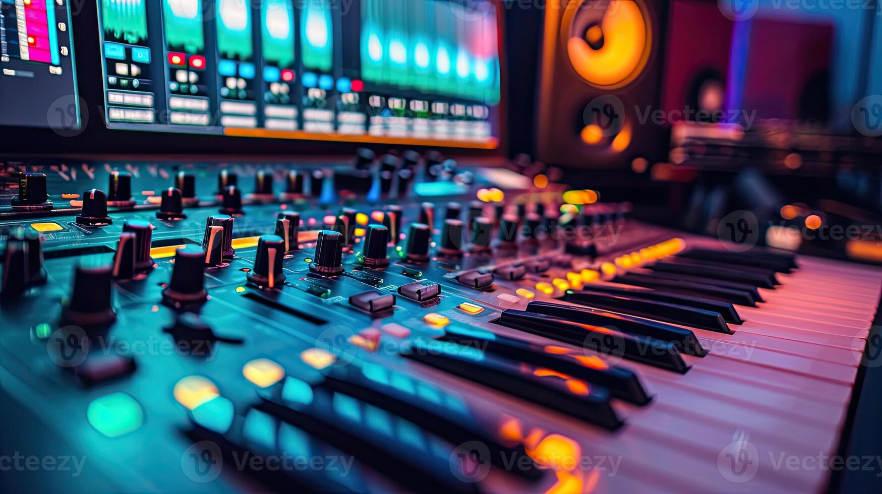 AI generated Modern Music Record Studio Control Desk with Laptop Screen Showing User Interface of Digital Audio Workstation Software. Equalizer, Mixer and Professional Equipment. photo