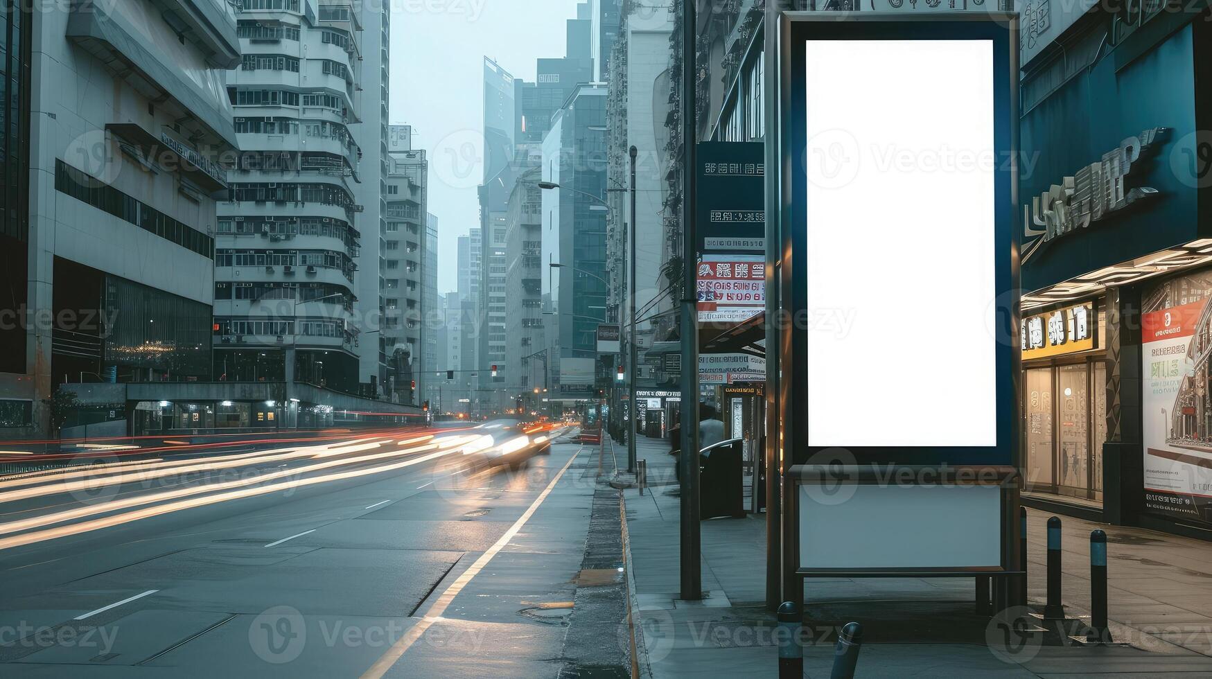AI generated Blank mock up of vertical street poster billboard on city background photo