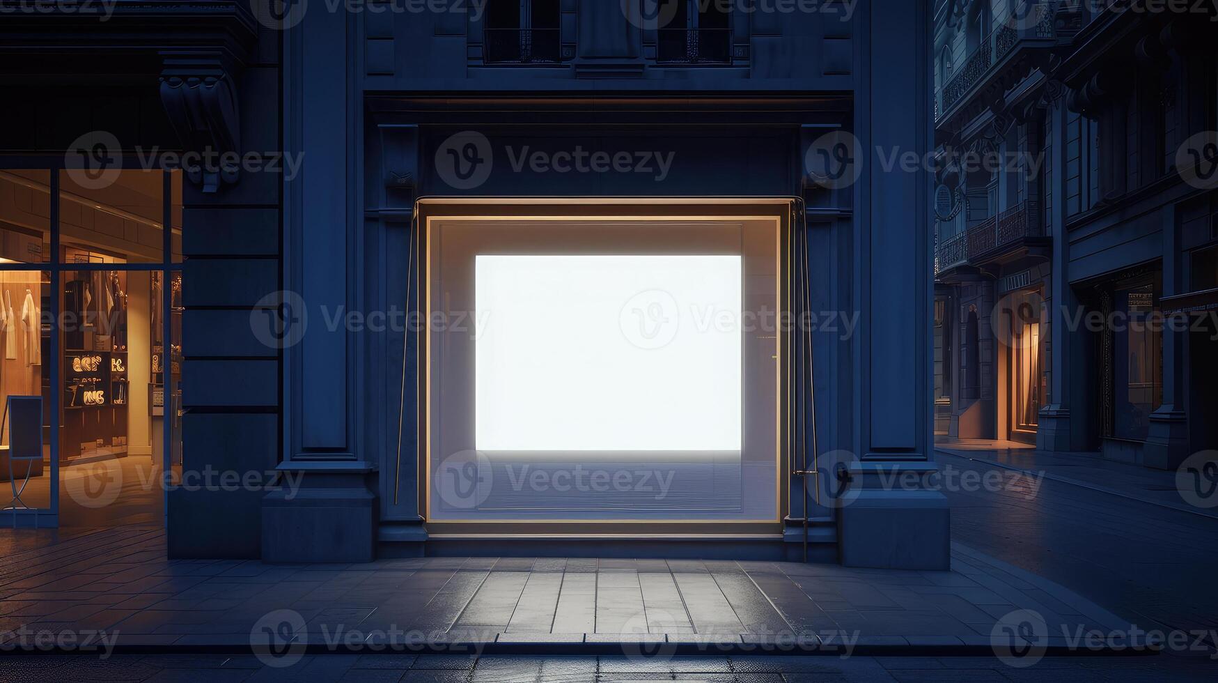 AI generated Blank mock up of store street showcase window in a city at night photo