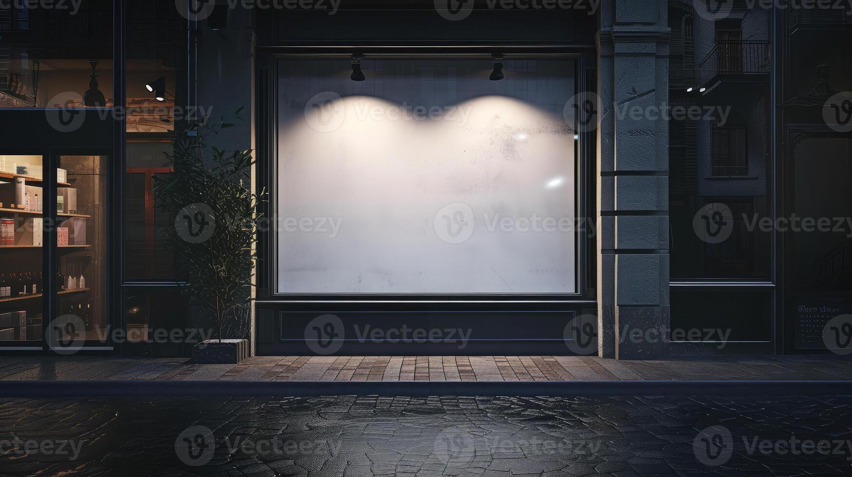 AI generated Blank mock up of store street showcase window in a city at night photo