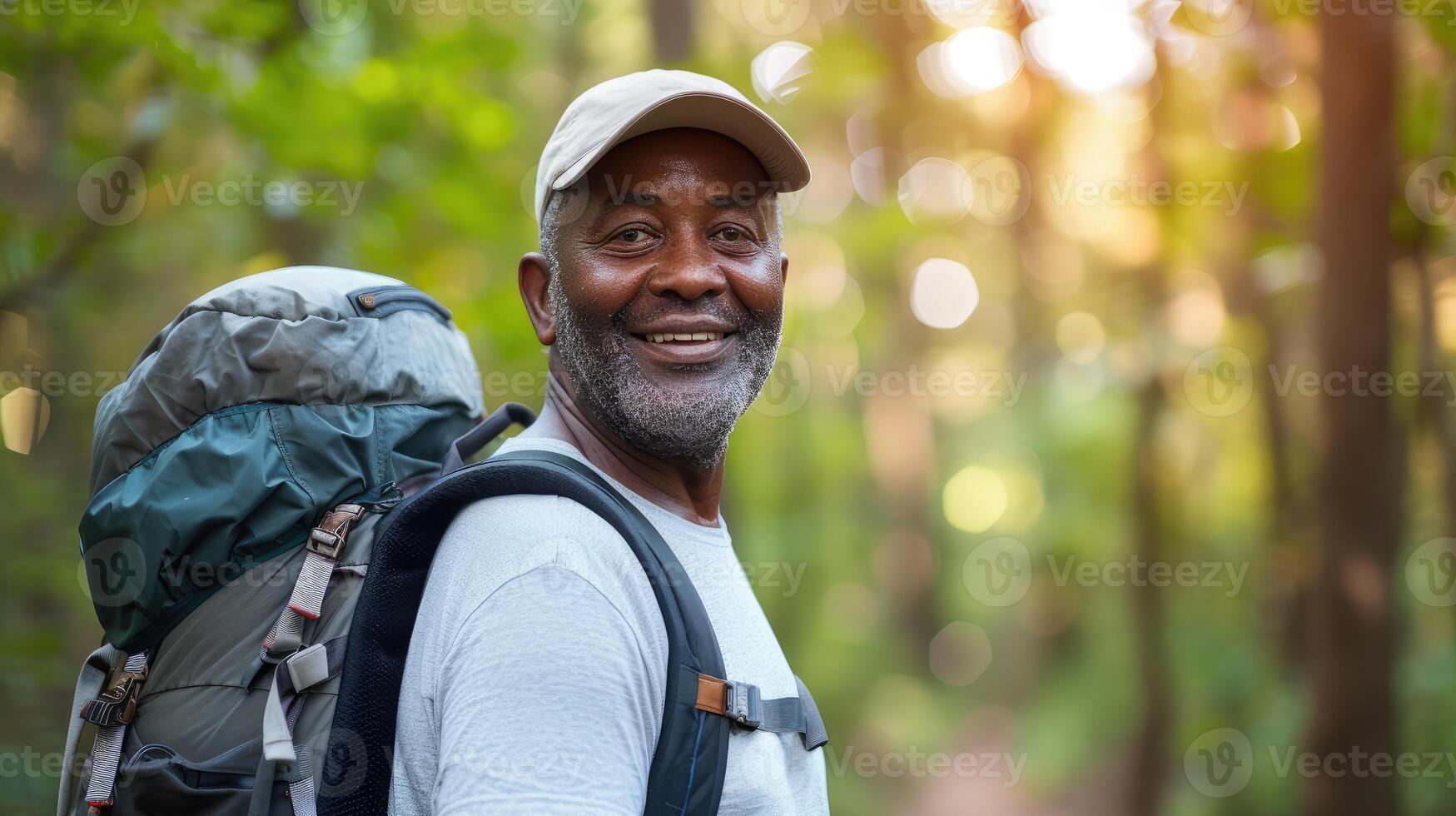 AI generated Portrait, black man and hiking in forest, exercise and fitness for wellness, healthy lifestyle and smile. photo