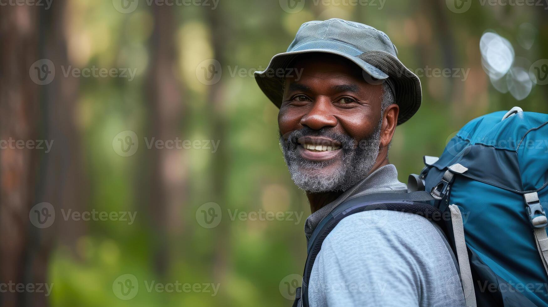 AI generated Portrait, black man and hiking in forest, exercise and fitness for wellness, healthy lifestyle and smile. photo