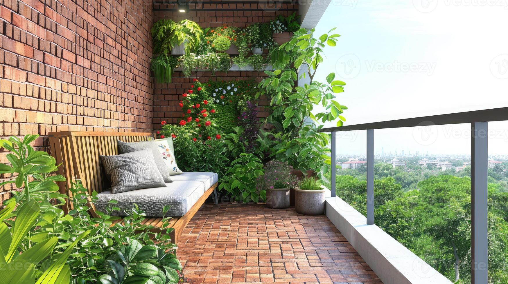 AI generated Morden residential balcony garden with bricks wall, wooden bench and plants. photo