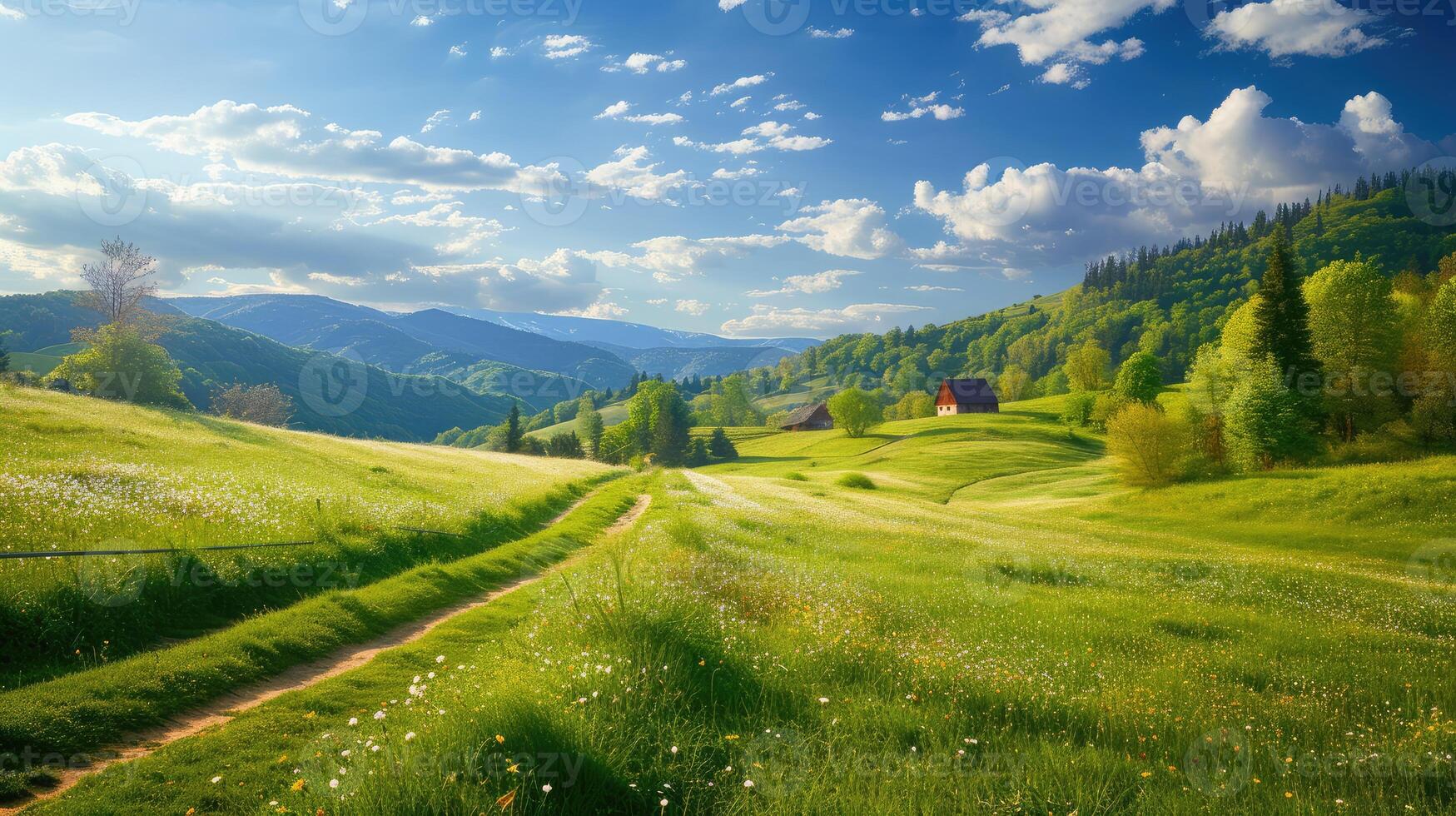 ai generado hermosa campo de Rumania. soleado tarde. maravilloso primavera paisaje en montañas. herboso campo y laminación sierras. rural escener foto