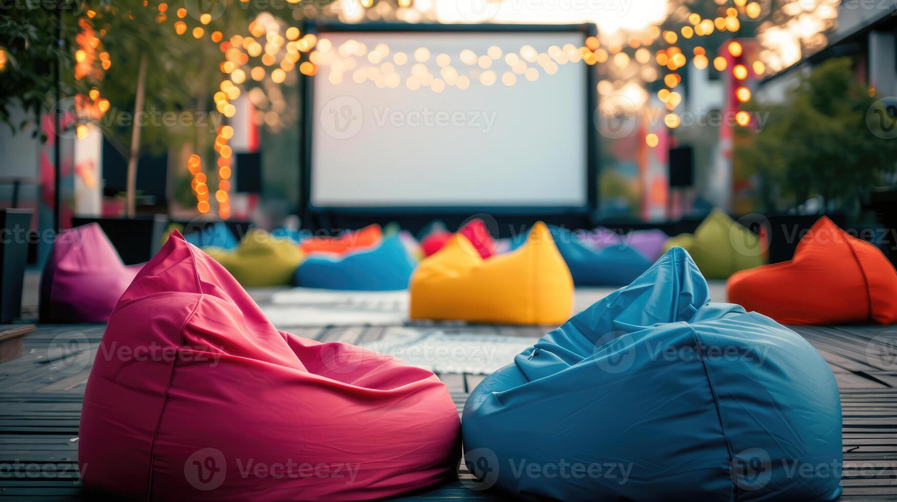 AI generated open air cinema with colorful bean bag. empty white screen, free space for text or montage photo