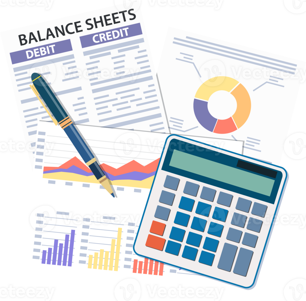 Clipboard with balance sheet and pen. png