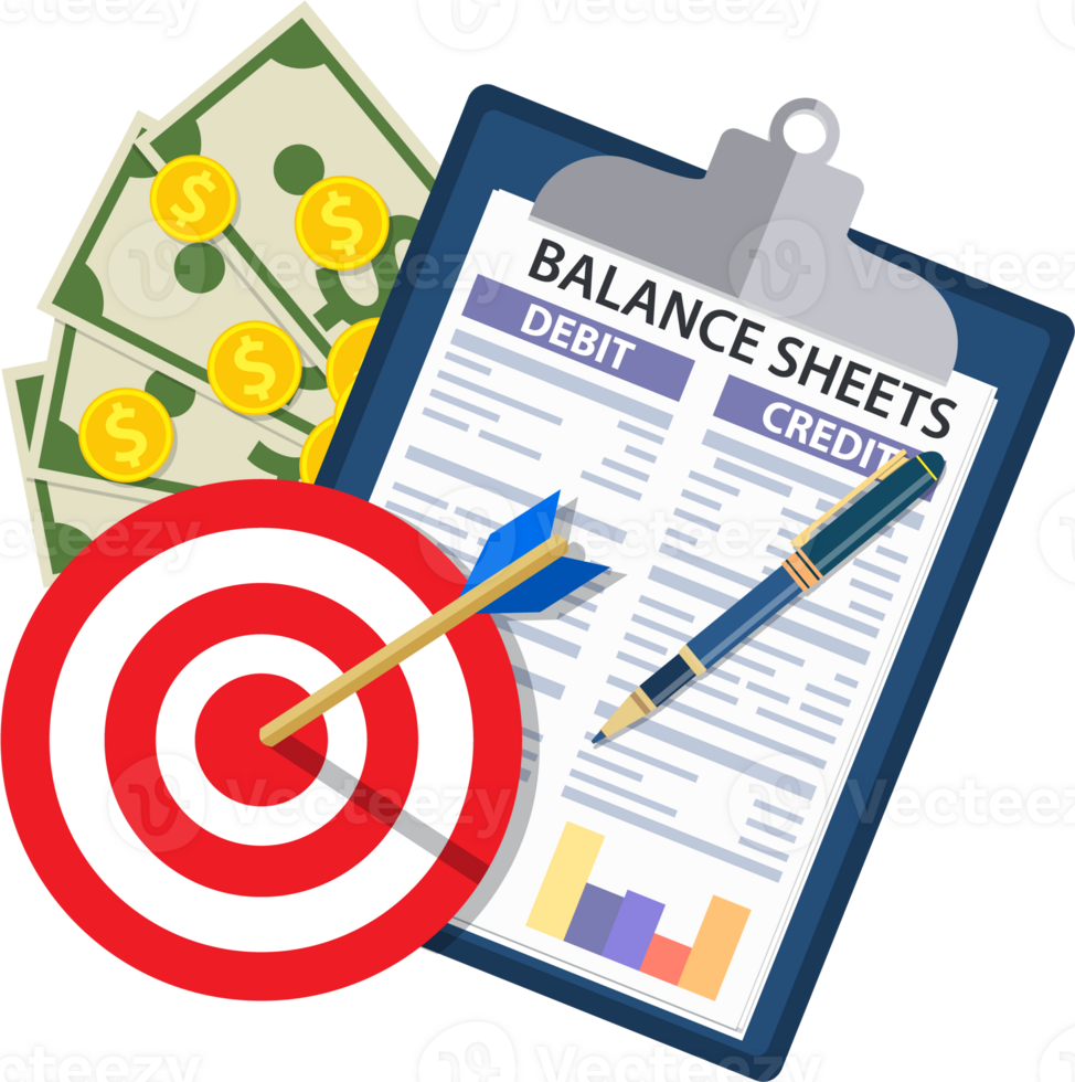 Clipboard with balance sheet and pen. png