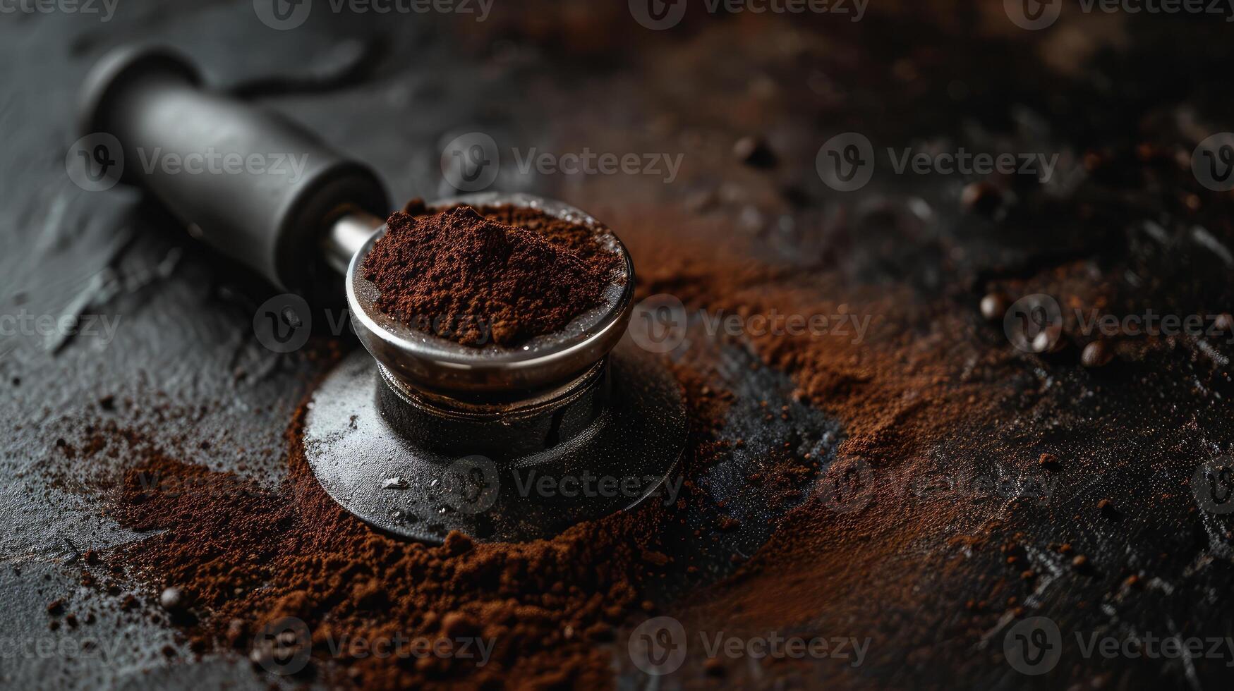AI generated tamper coffee and coffee presser, dark backgrounds photo