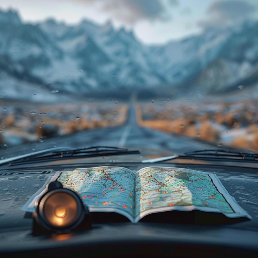 AI generated Road trip essentials Car, map, and open road ahead For Social Media Post Size photo