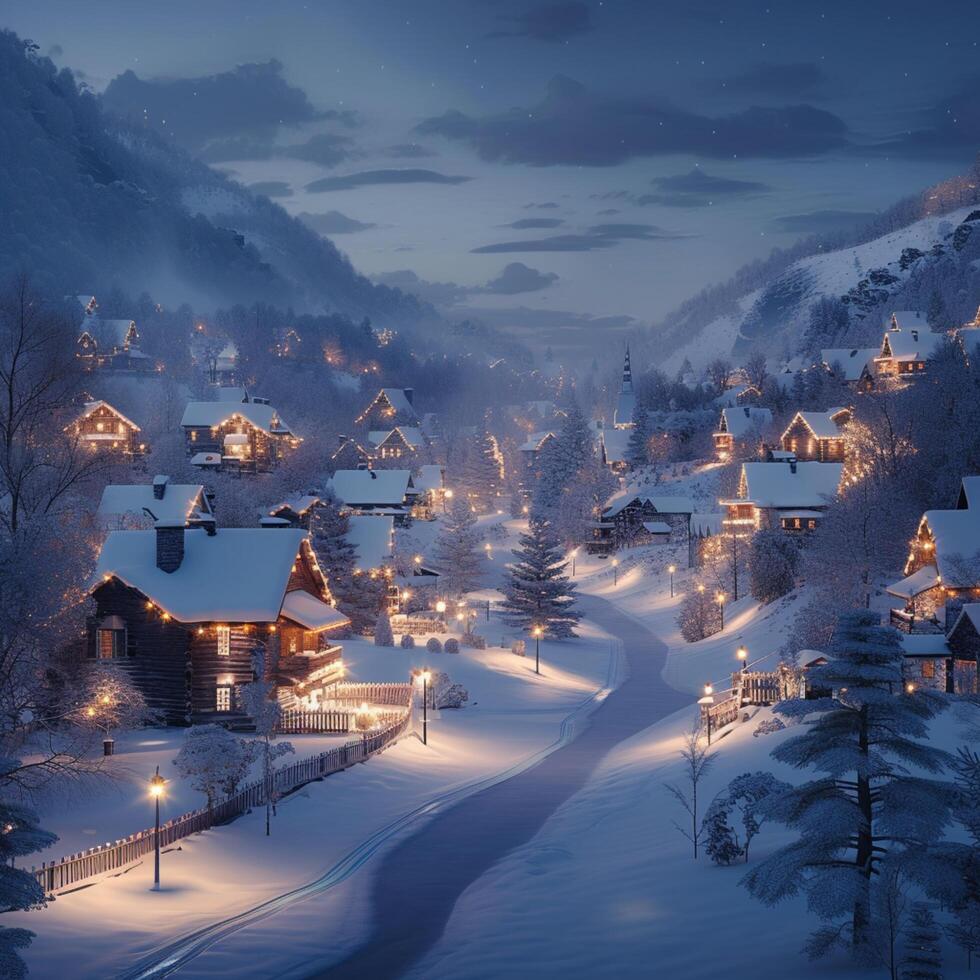 AI generated Nighttime in a snowy village brings magical illumination to surroundings For Social Media Post Size photo