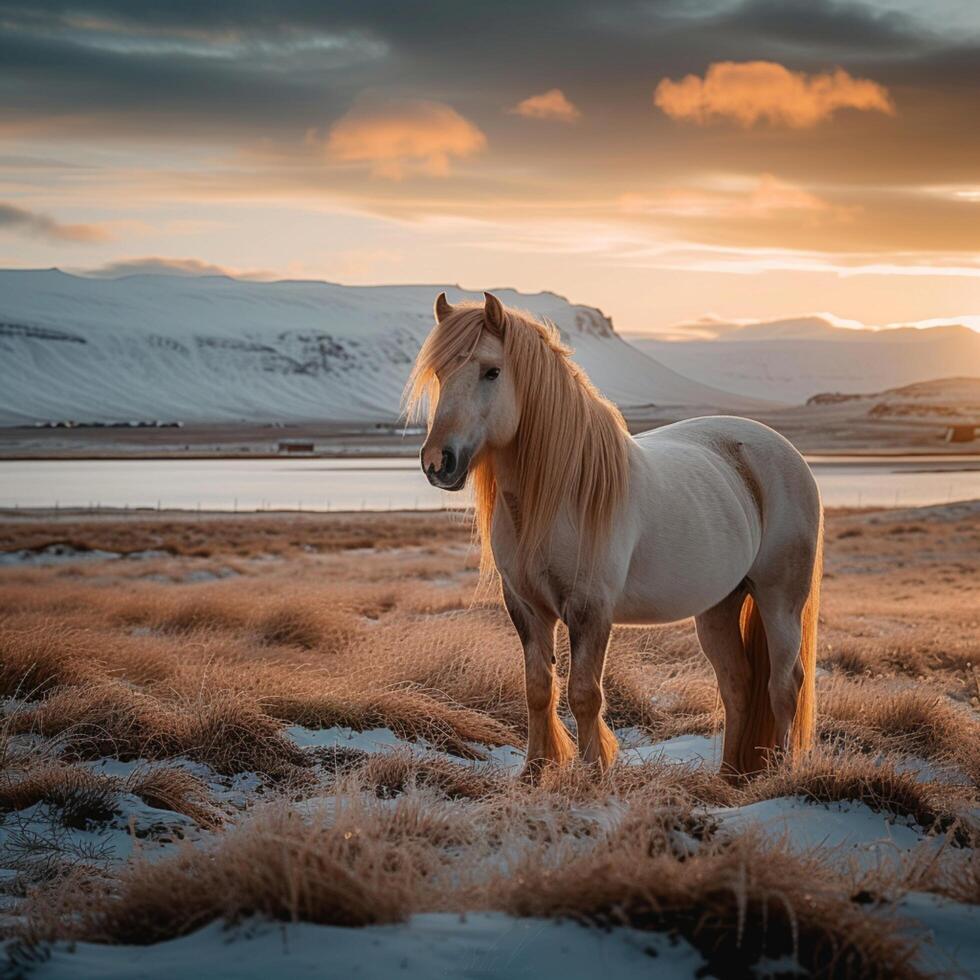 AI generated Icelandic landscape adorned with magnificent horse creates a stunning view For Social Media Post Size photo