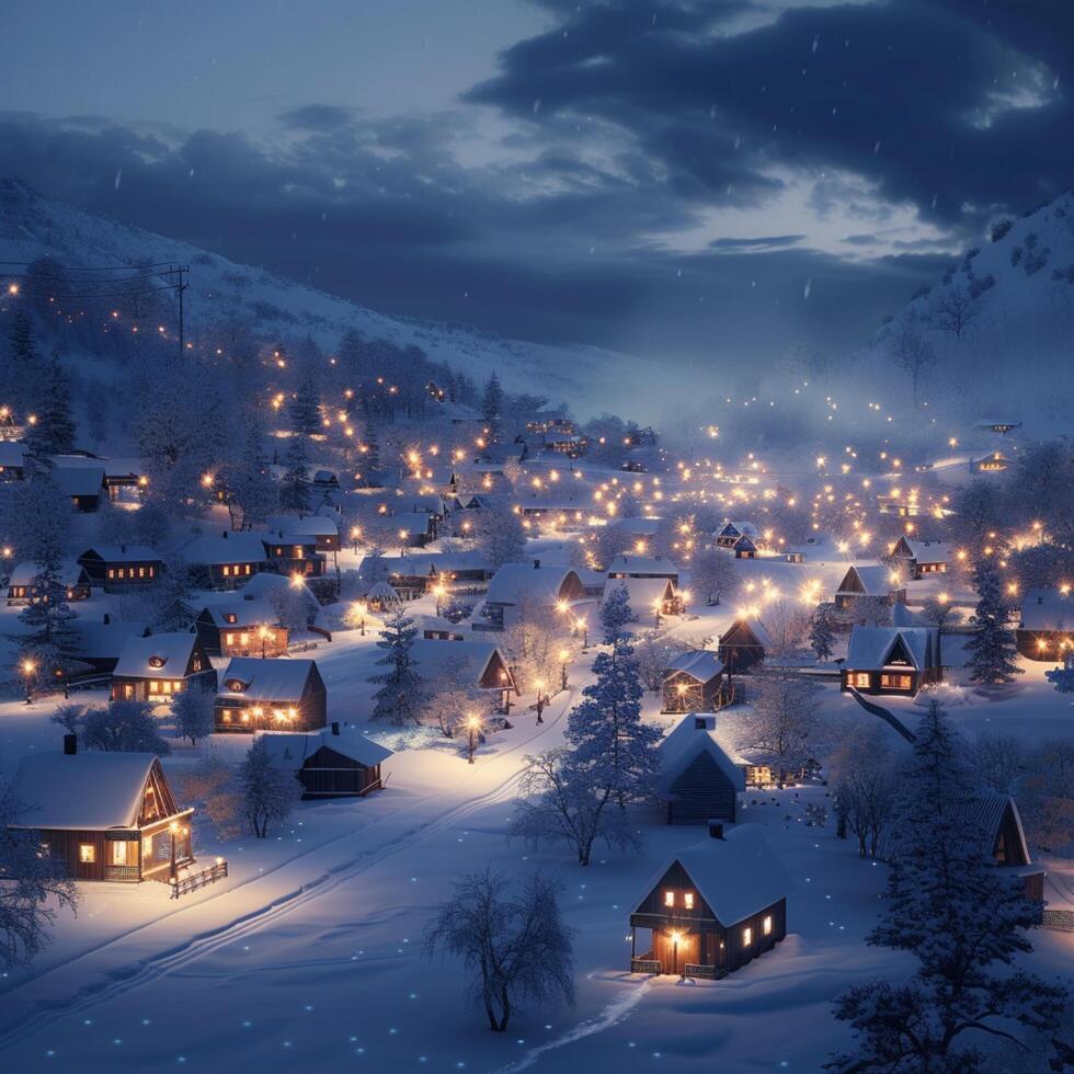 AI generated Nighttime in a snowy village brings magical illumination to surroundings For Social Media Post Size photo