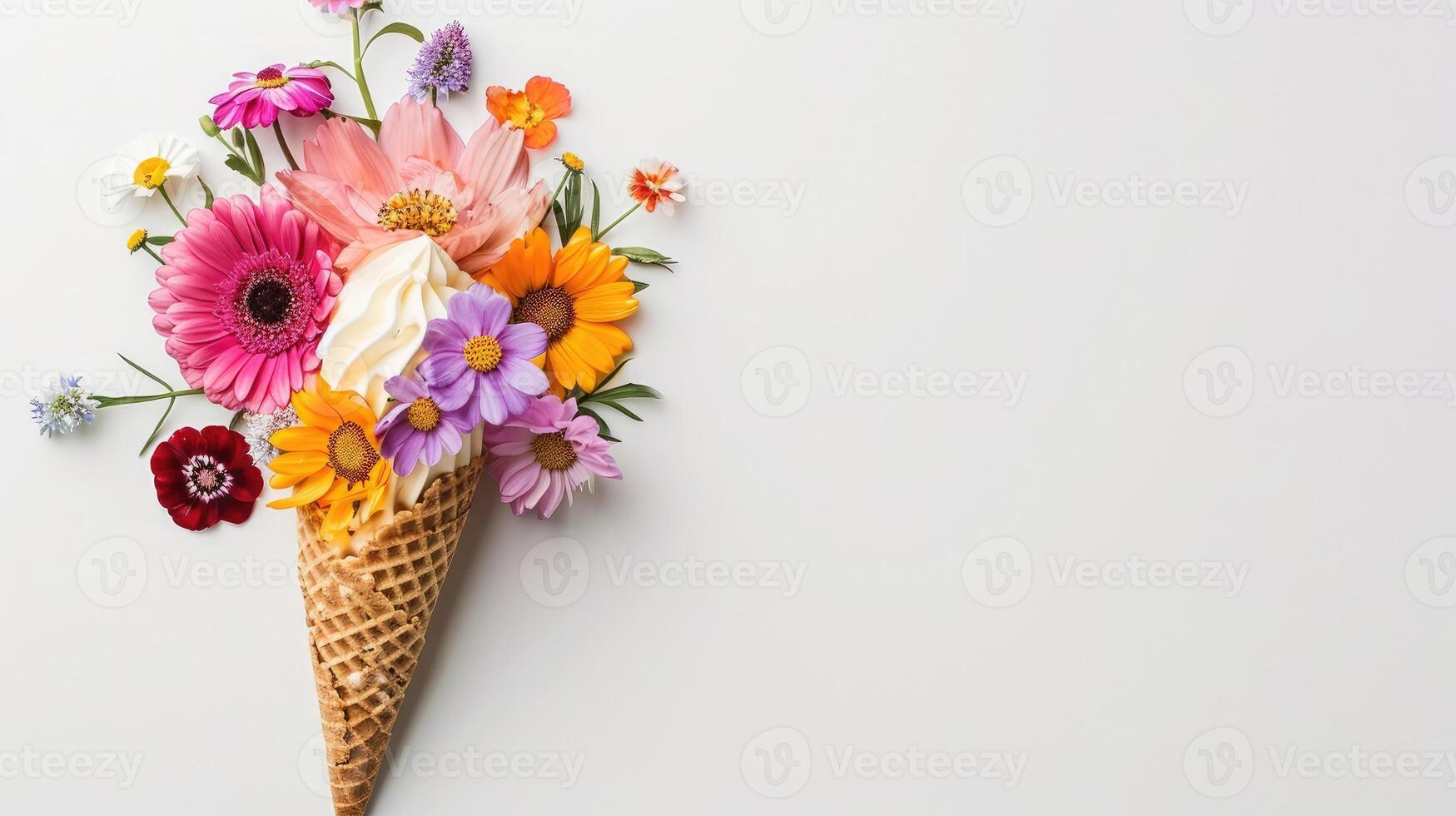 AI generated Ice cream cone with colorful flowers on white background. Flat lay. Minimal summer concept. photo