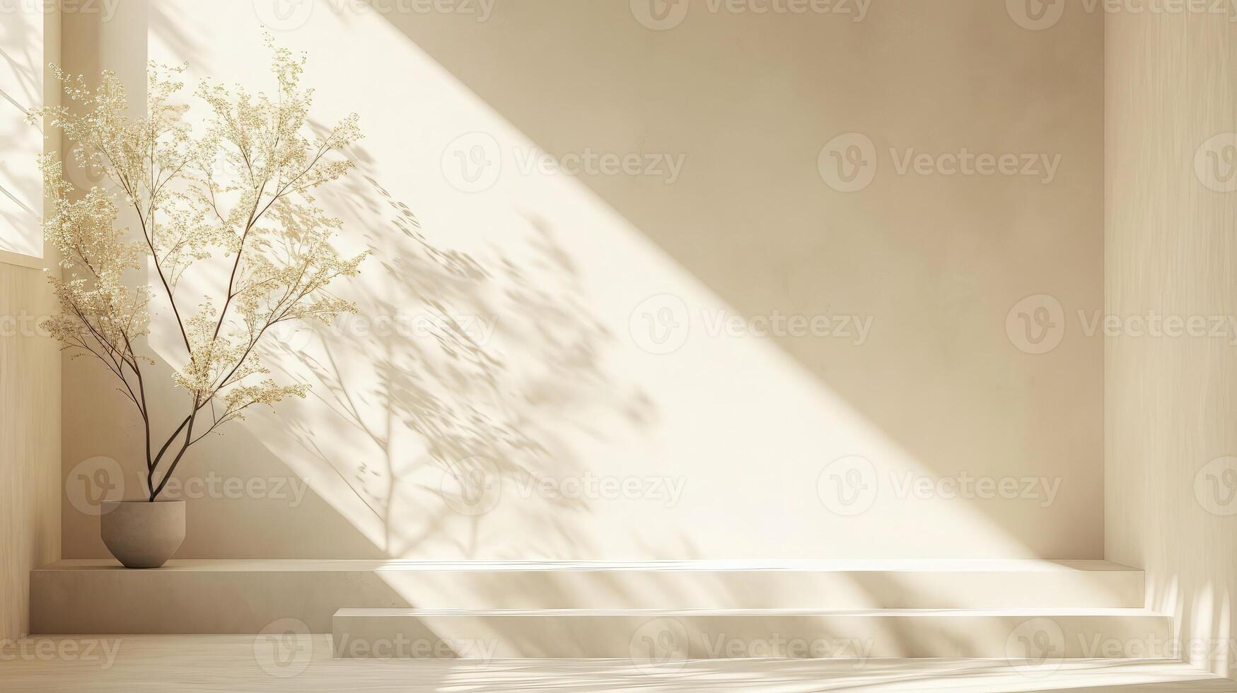 AI generated Minimalistic abstract gentle light beige background for product presentation with light andand intricate shadow from the window and vegetation on wall. photo