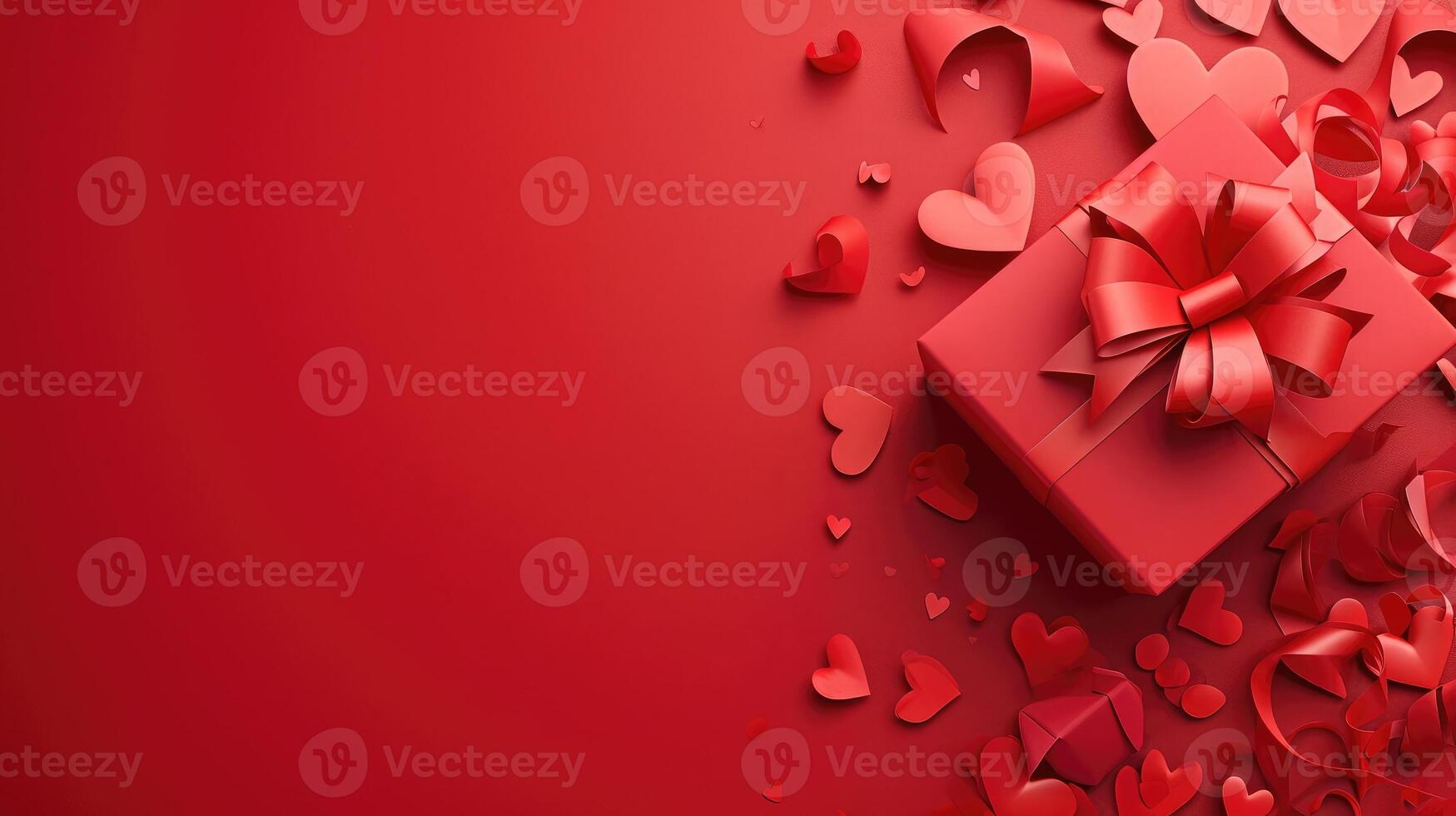 AI generated Paper art Valentine's day concept banner with hand made gift box, paper cut ribbon, bow, and a lot of hearts on a red background with space for text photo