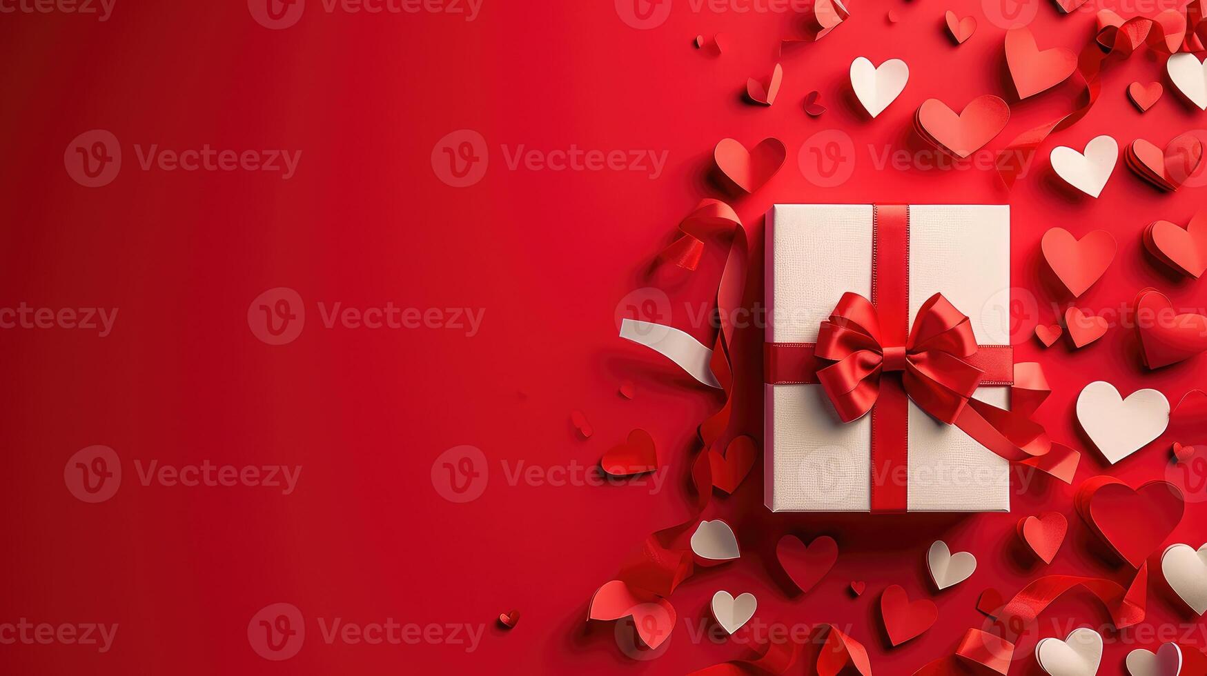 AI generated Paper art Valentine's day concept banner with hand made gift box, paper cut ribbon, bow, and a lot of hearts on a red background with space for text photo