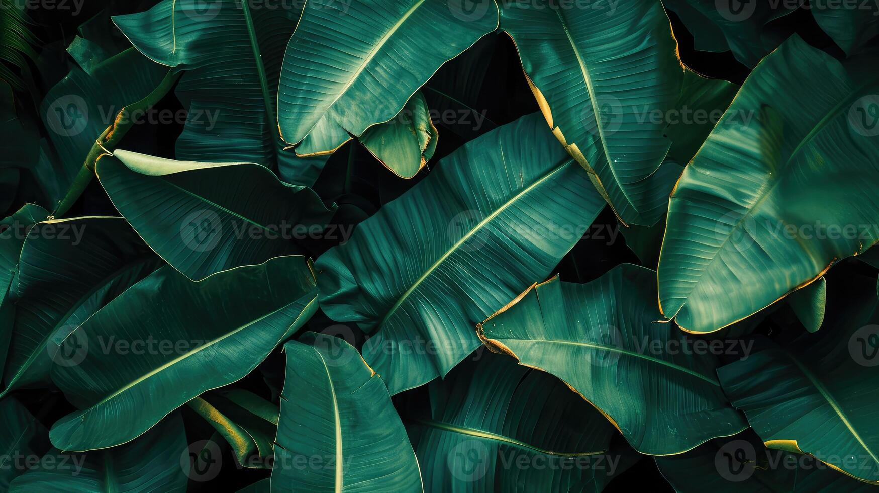 AI generated leaves of banana, abstract green dark texture, nature background, tropical leaf photo