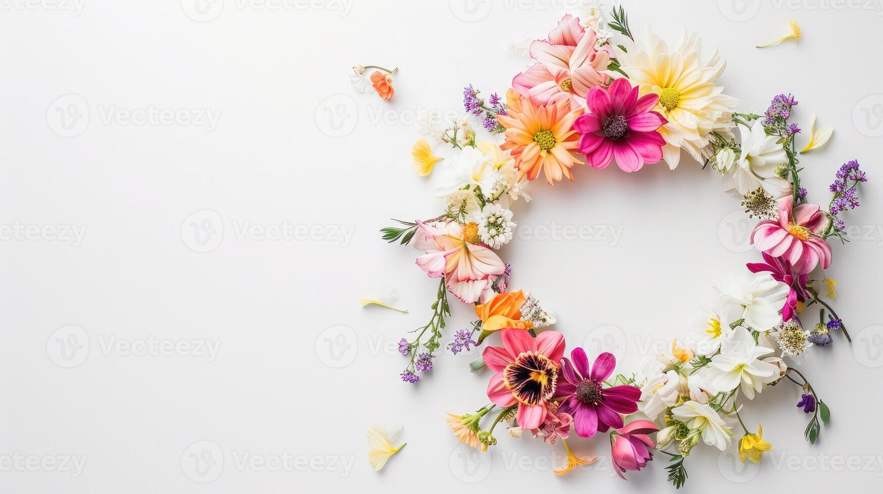 AI generated Flowers composition. Wreath made of various colorful flowers on white background. Easter, spring, summer concept. Flat lay, top view, copy space photo