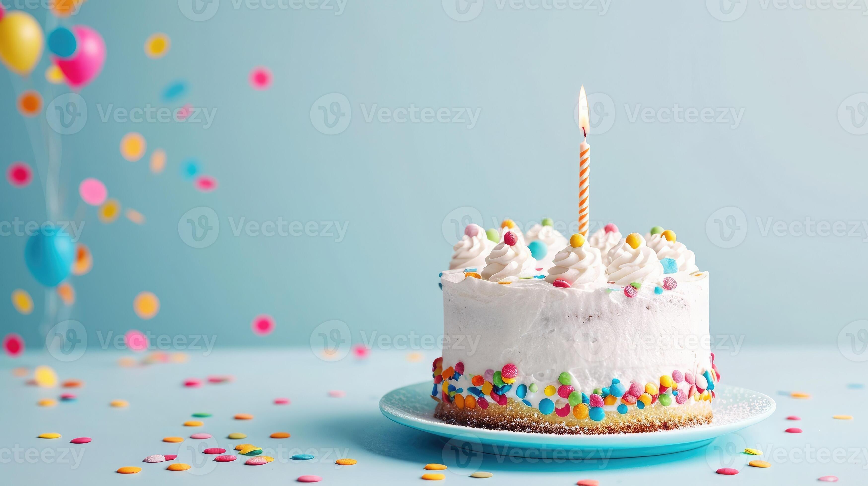 AI generated Delicious birthday cake with candle on light blue ...