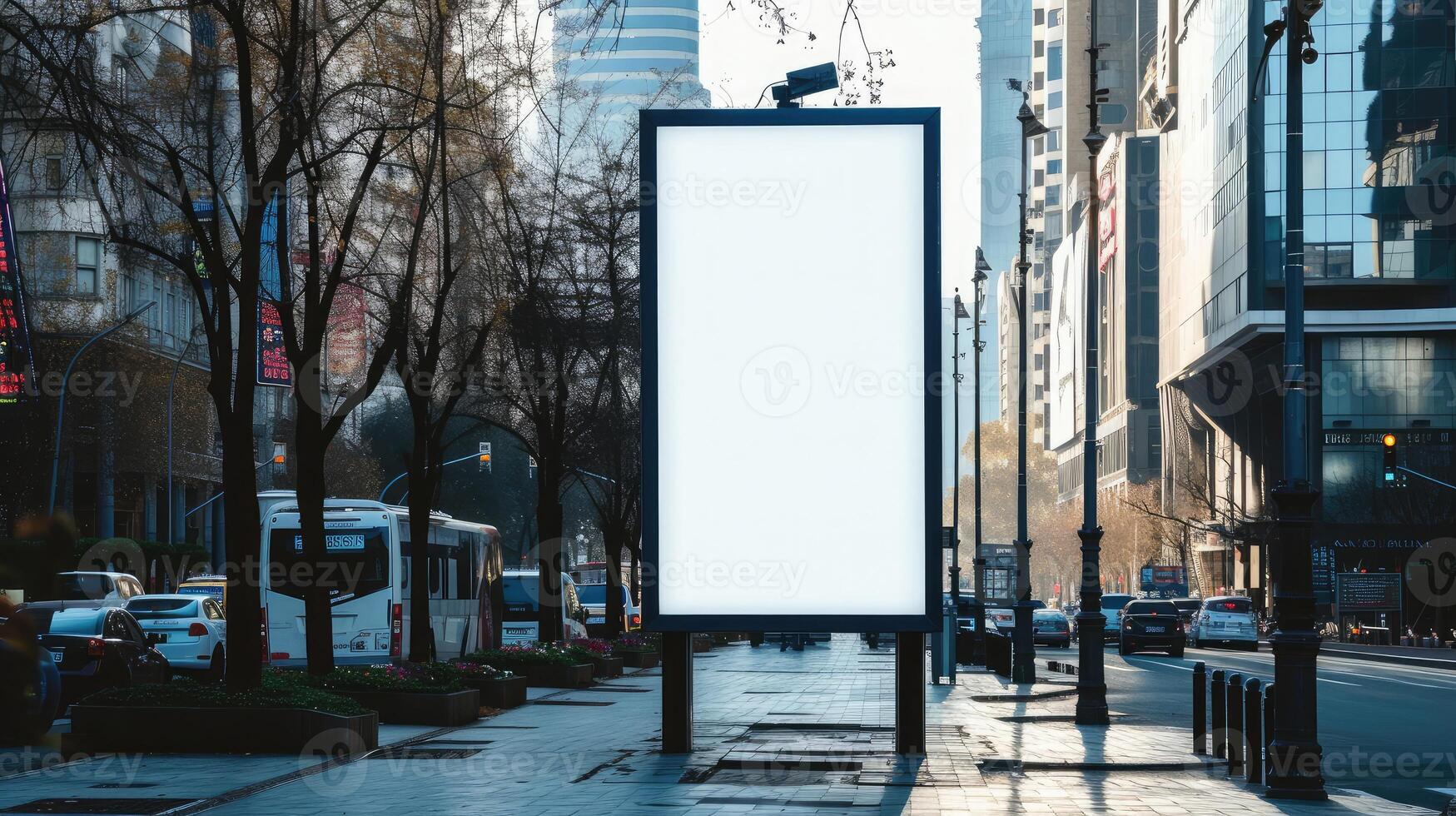 AI generated Blank mock up of vertical street poster billboard on city background photo