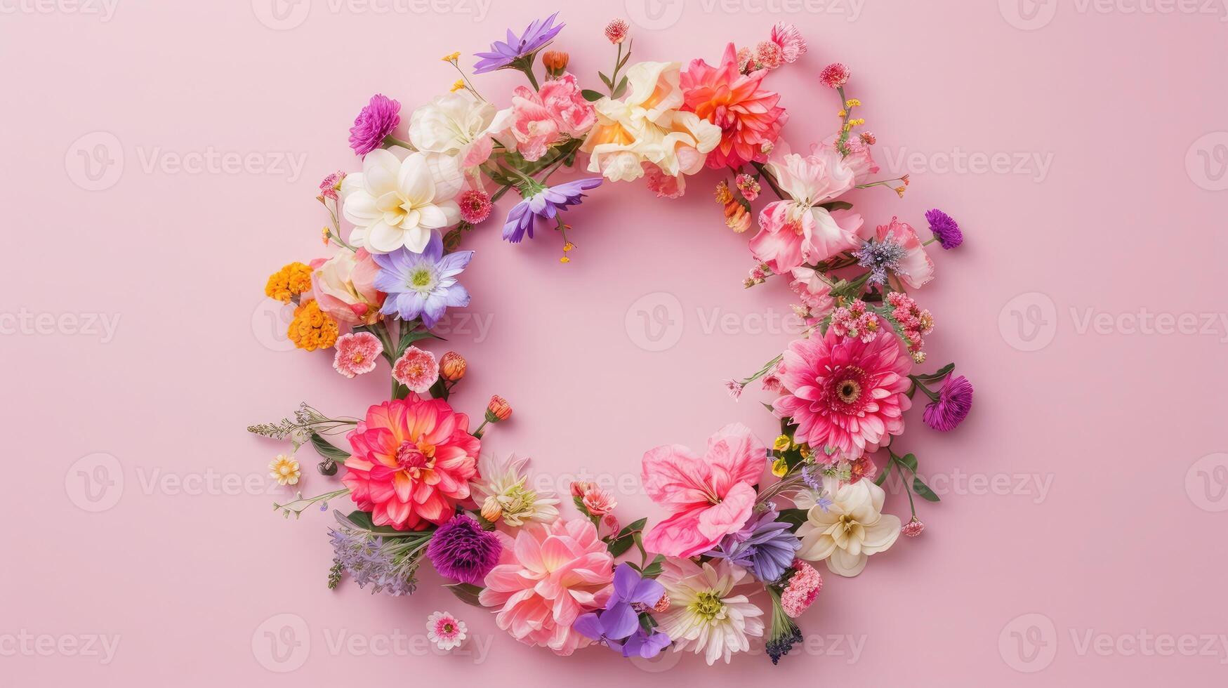 AI generated Spring wreath made of colorful flowers on pink background, place for text, holiday concept. Flat lay photo