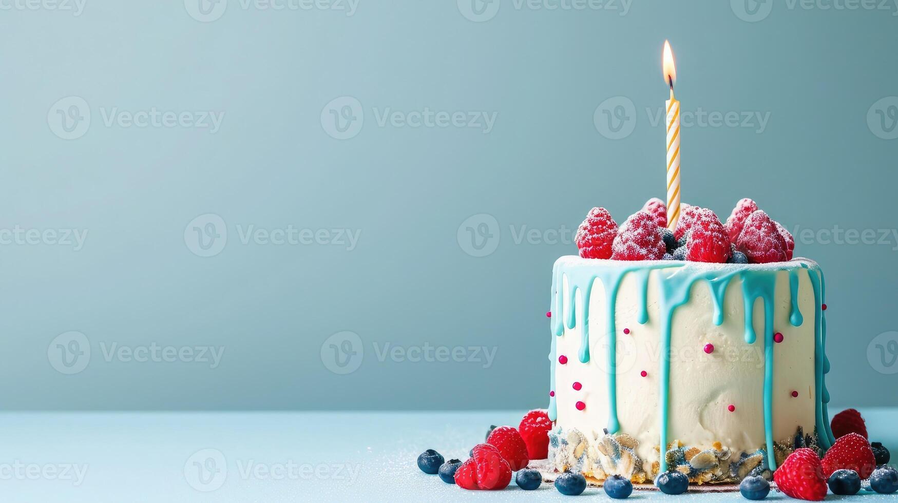 AI generated Delicious birthday cake with candle on light blue background.panoramic cover or banner concept. photo