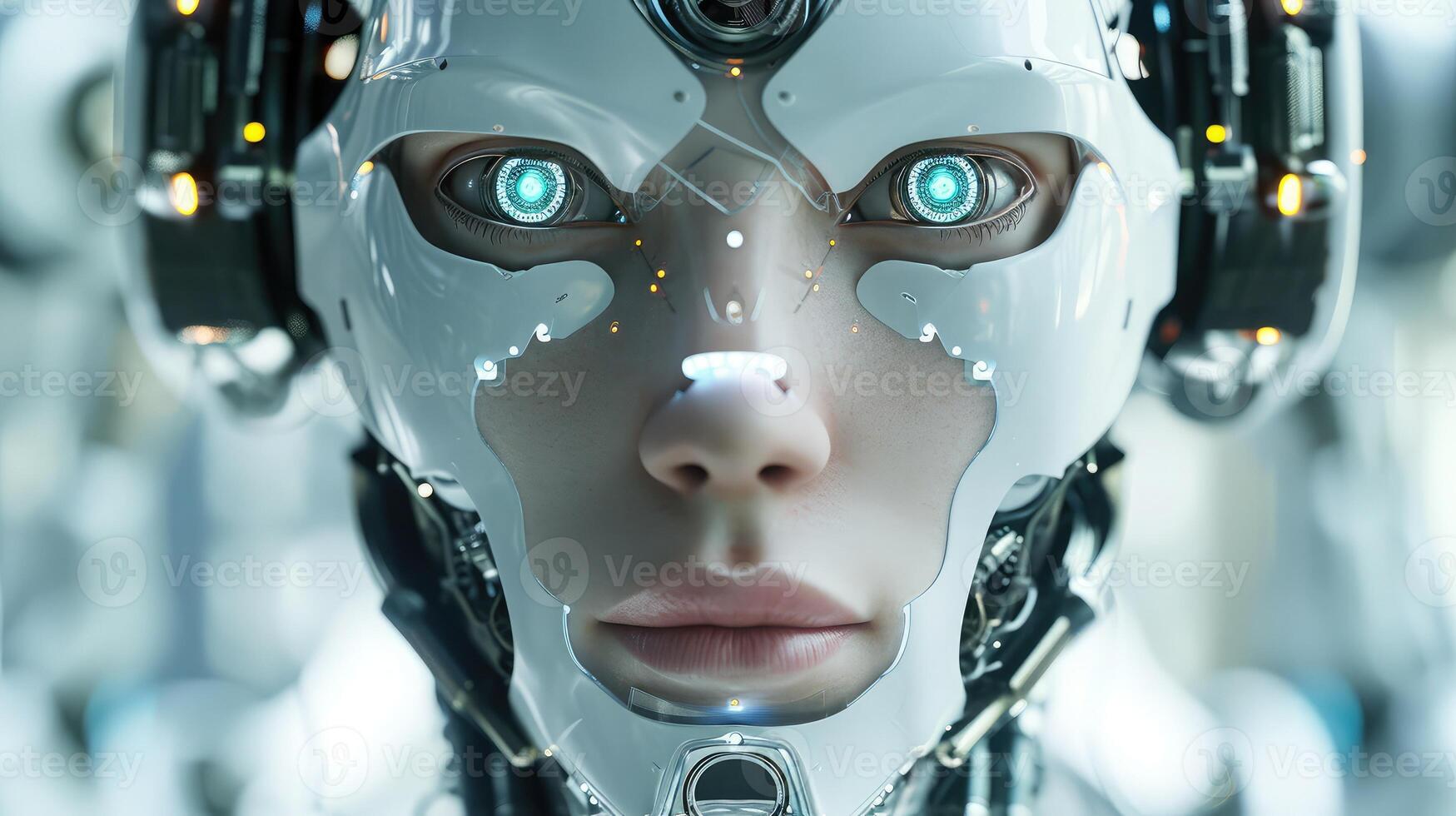 AI generated Immerse yourself in the vanguard of technological advancement with our captivating AI-robot face stock image. photo
