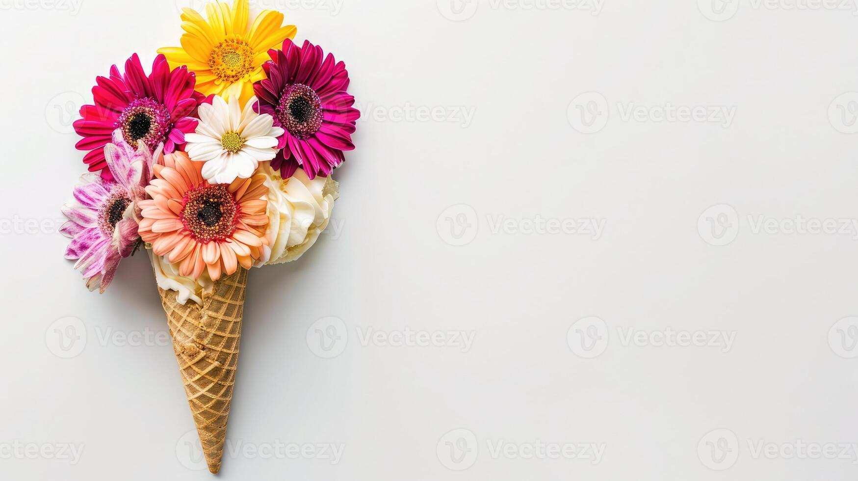 AI generated Ice cream cone with colorful flowers photo