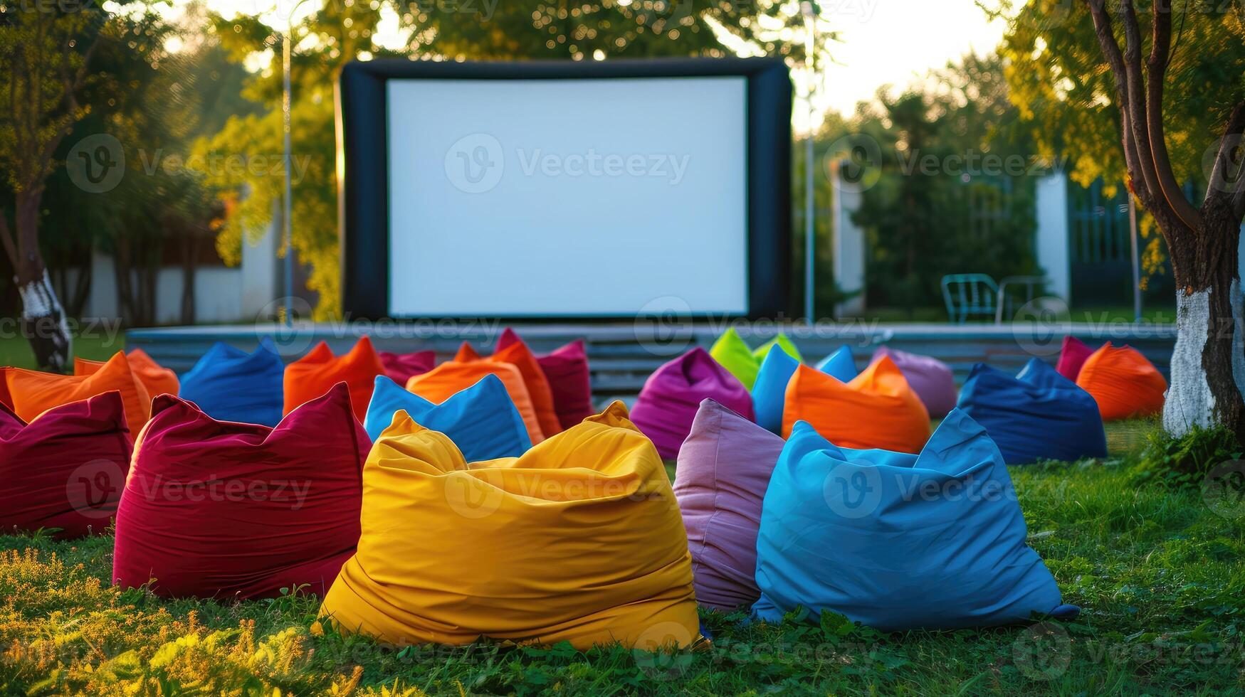 AI generated open air cinema with colorful bean bag. empty white screen, free space for text or montage photo