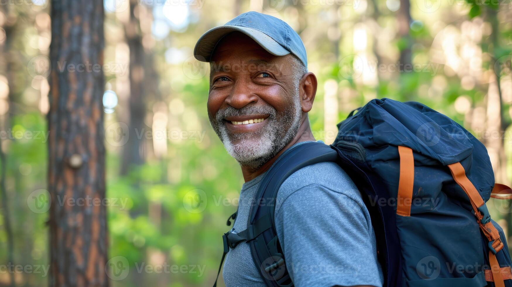 AI generated Portrait, black man and hiking in forest, exercise and fitness for wellness, healthy lifestyle and smile. photo