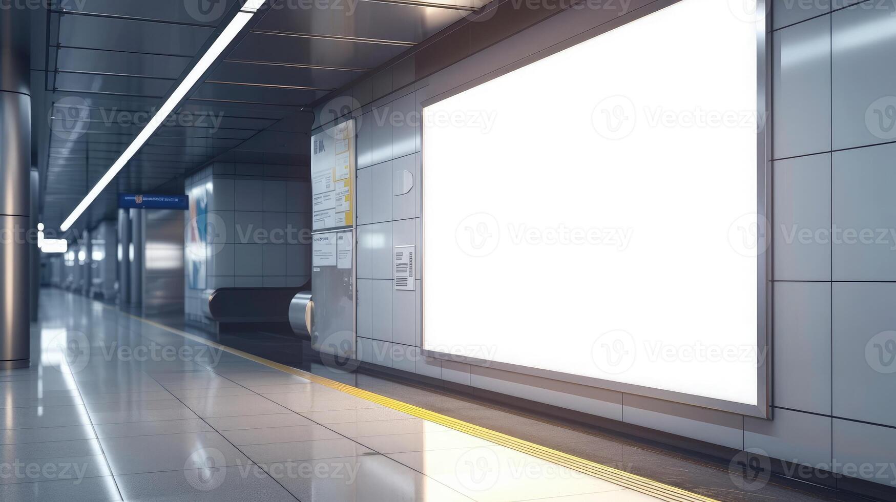 AI generated Indoor outdoor city light mall shop template. Blank billboard mock up in a subway station, underground interior. photo