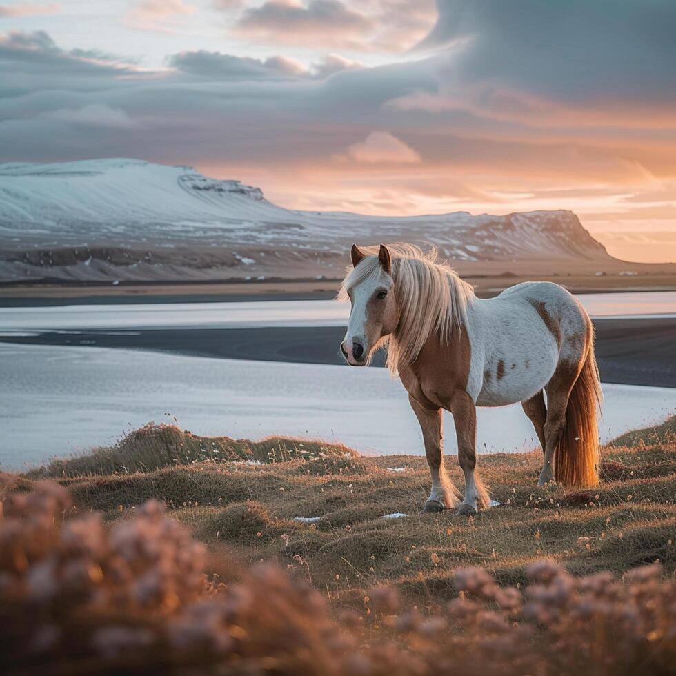 ai generado icónico islandés paisaje presentando majestuoso caballo en medio de maravilloso paisaje para social medios de comunicación enviar Talla foto