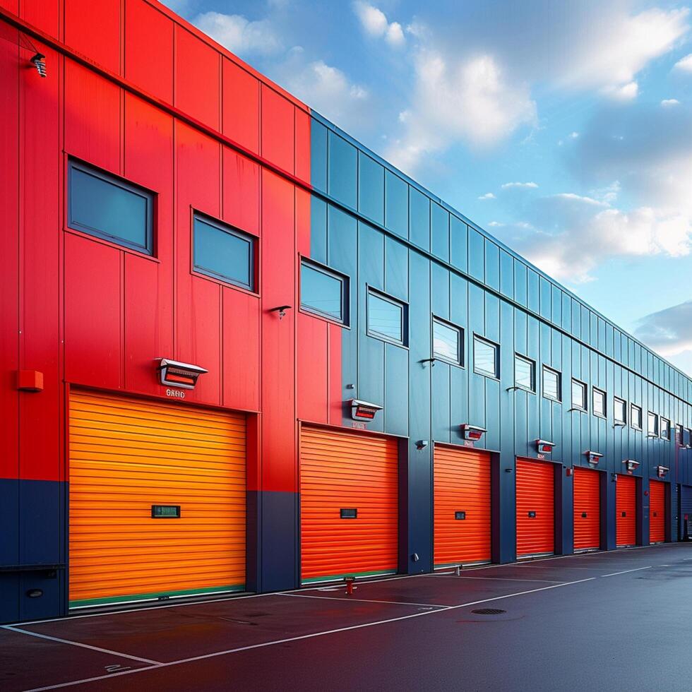 AI generated Colorful metal self storage units in warehouse setting, industry garage For Social Media Post Size photo