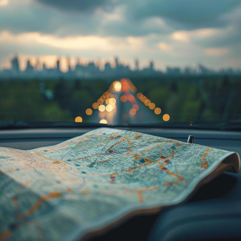 AI generated Traveling by car with map to guide the road trip For Social Media Post Size photo