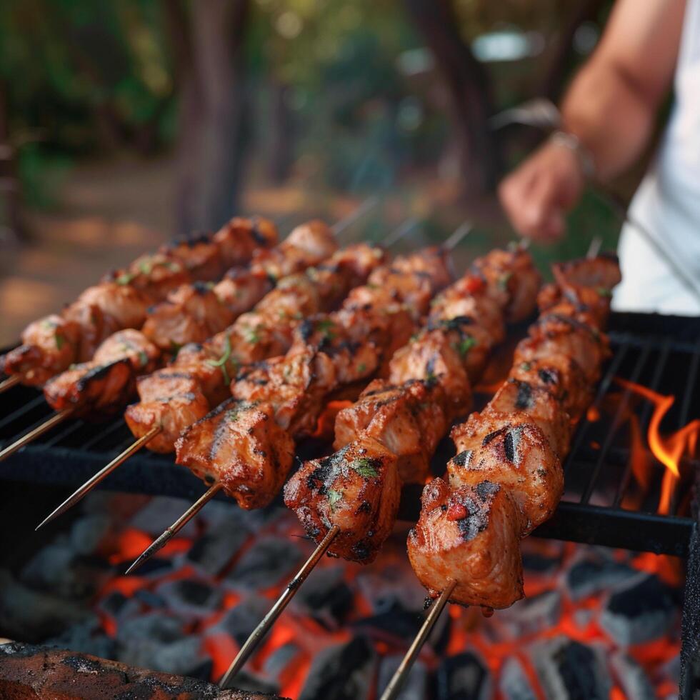 ai generado al aire libre Cocinando chico asar a la parrilla shish brocheta en caliente parrilla para social medios de comunicación enviar Talla foto