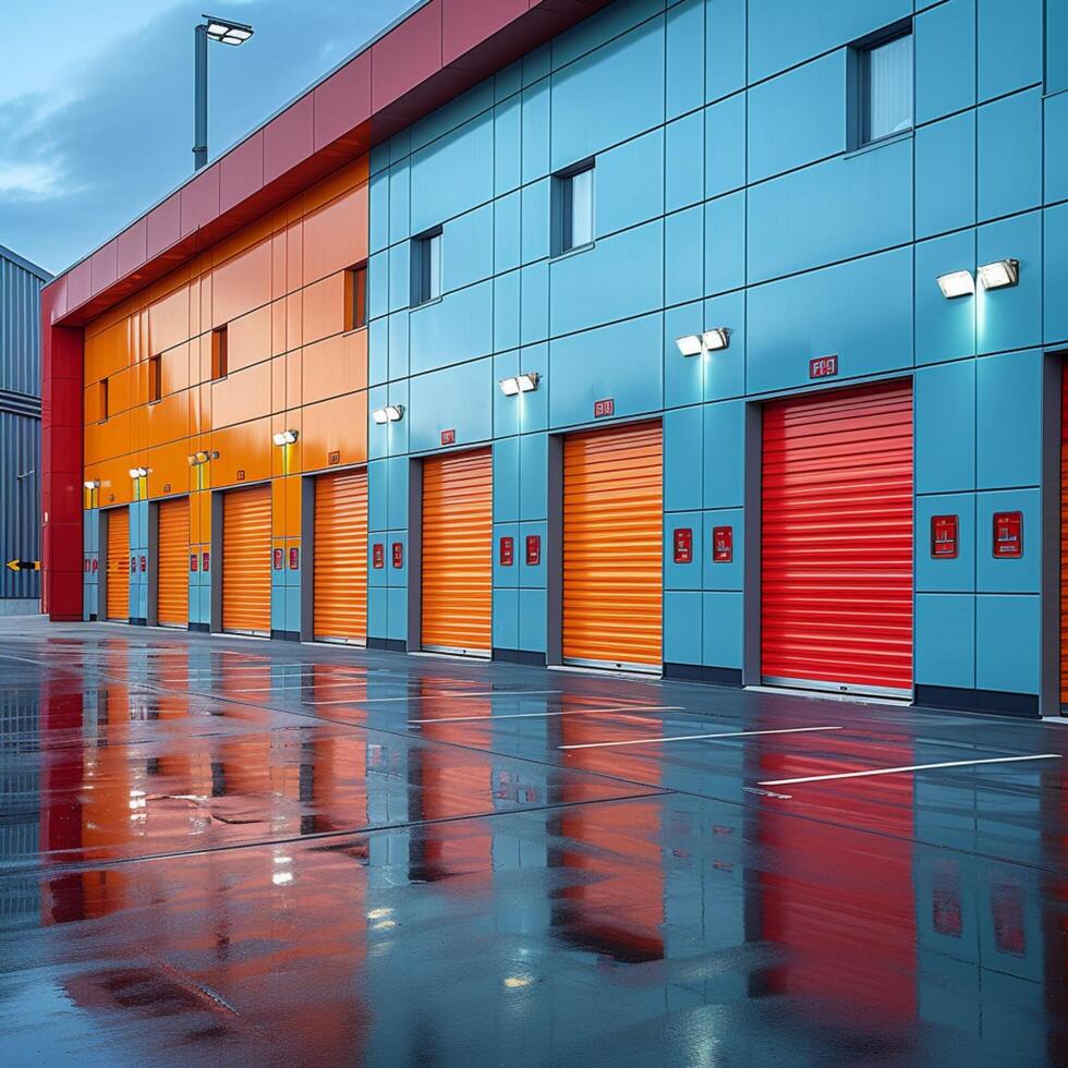 AI generated Colorful metal self storage units in warehouse setting, industry garage For Social Media Post Size photo