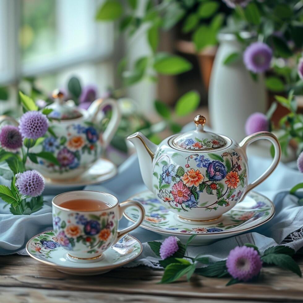 AI generated Photo Tea set featuring elegant floral dishware accompanied by beautiful flowers For Social Media Post Size