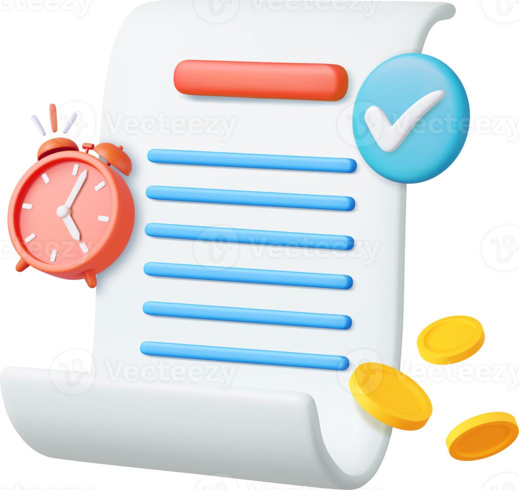 3d Bill with clock and golden coins png